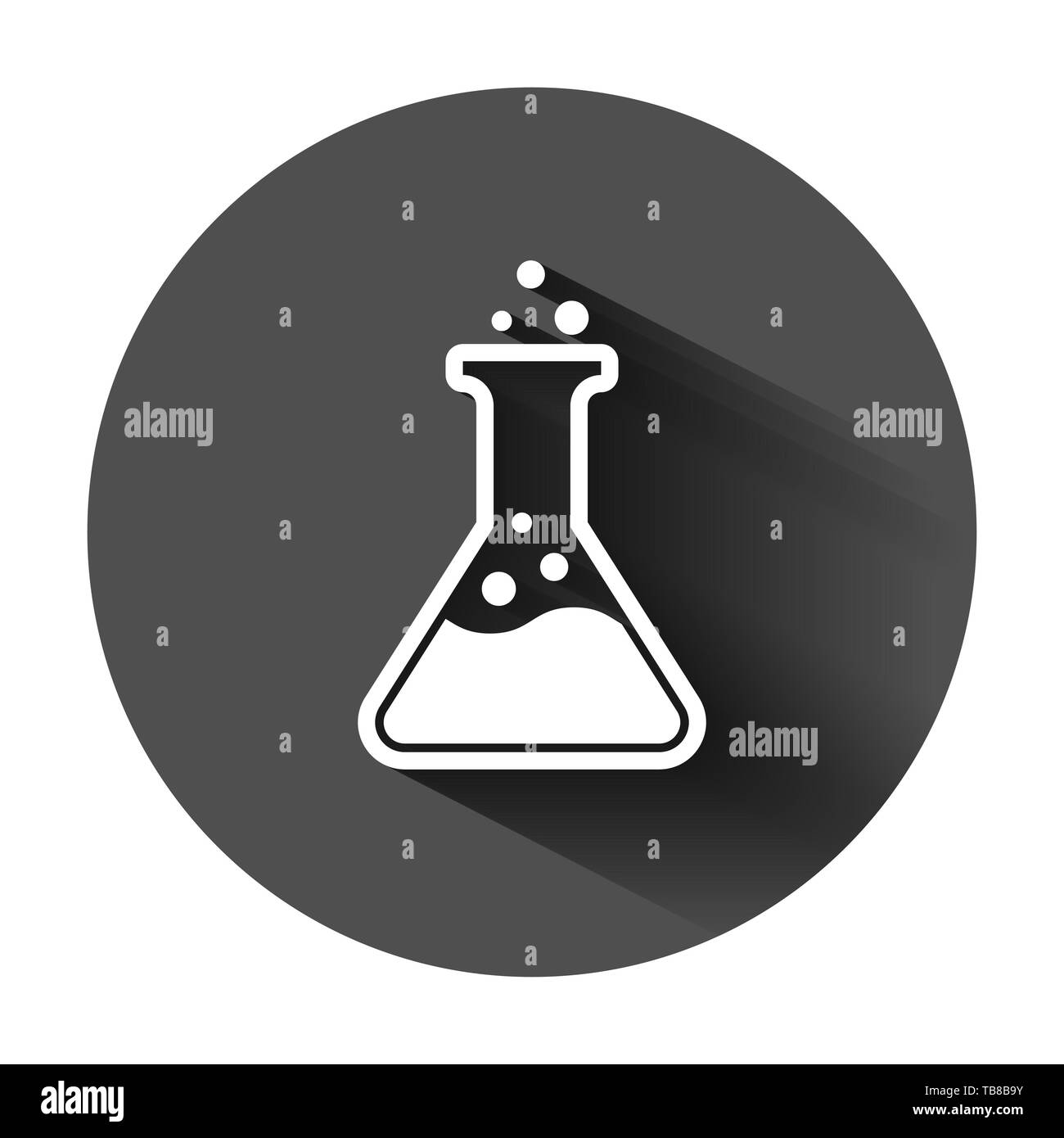 Chemie Becher zeichen Symbol im flachen Stil. Kolben Reagenzglas Vector Illustration auf schwarzen Hintergrund mit langen Schatten. Alchemy Business Konzept. Stock Vektor