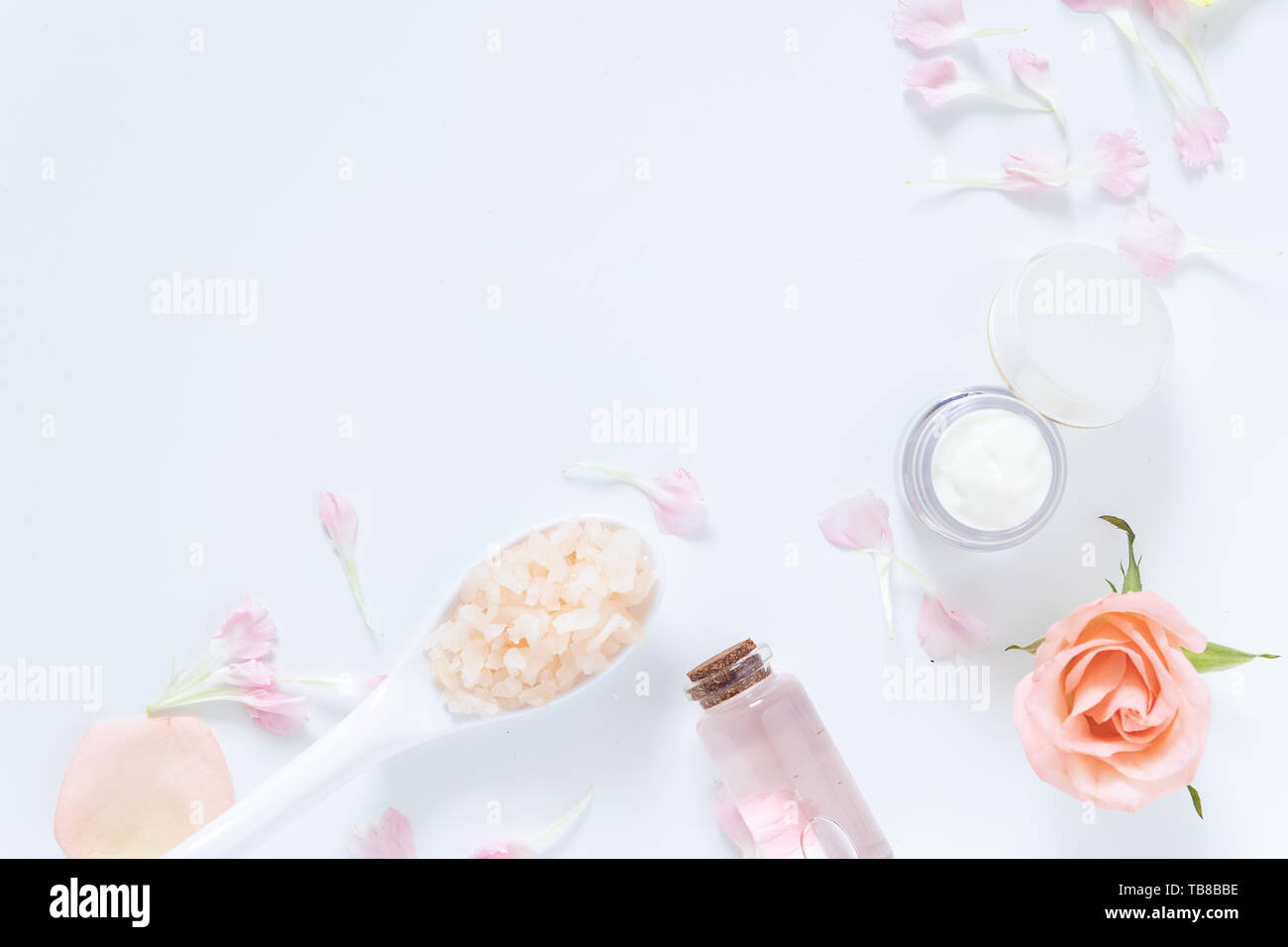 Hautpflege. Flach an Hautpflege Hilfsmittel Stil im Paket mit leeres Etikett mit natürlichen Materialien auf weißem Hintergrund Stockfoto