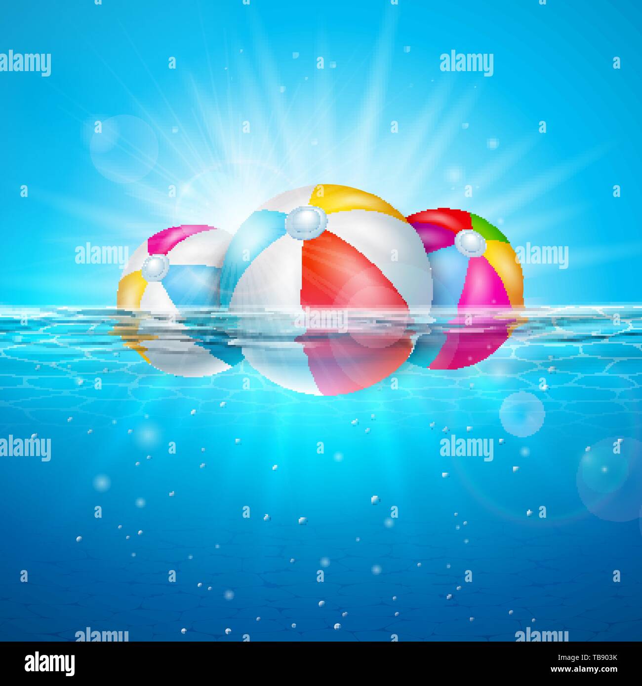 Vektor Sommer Abbildung mit farbigen Kugel auf Unterwasser Blue Ocean Hintergrund. Realistische Sommer Urlaub Design für Banner, Flyer Stock Vektor