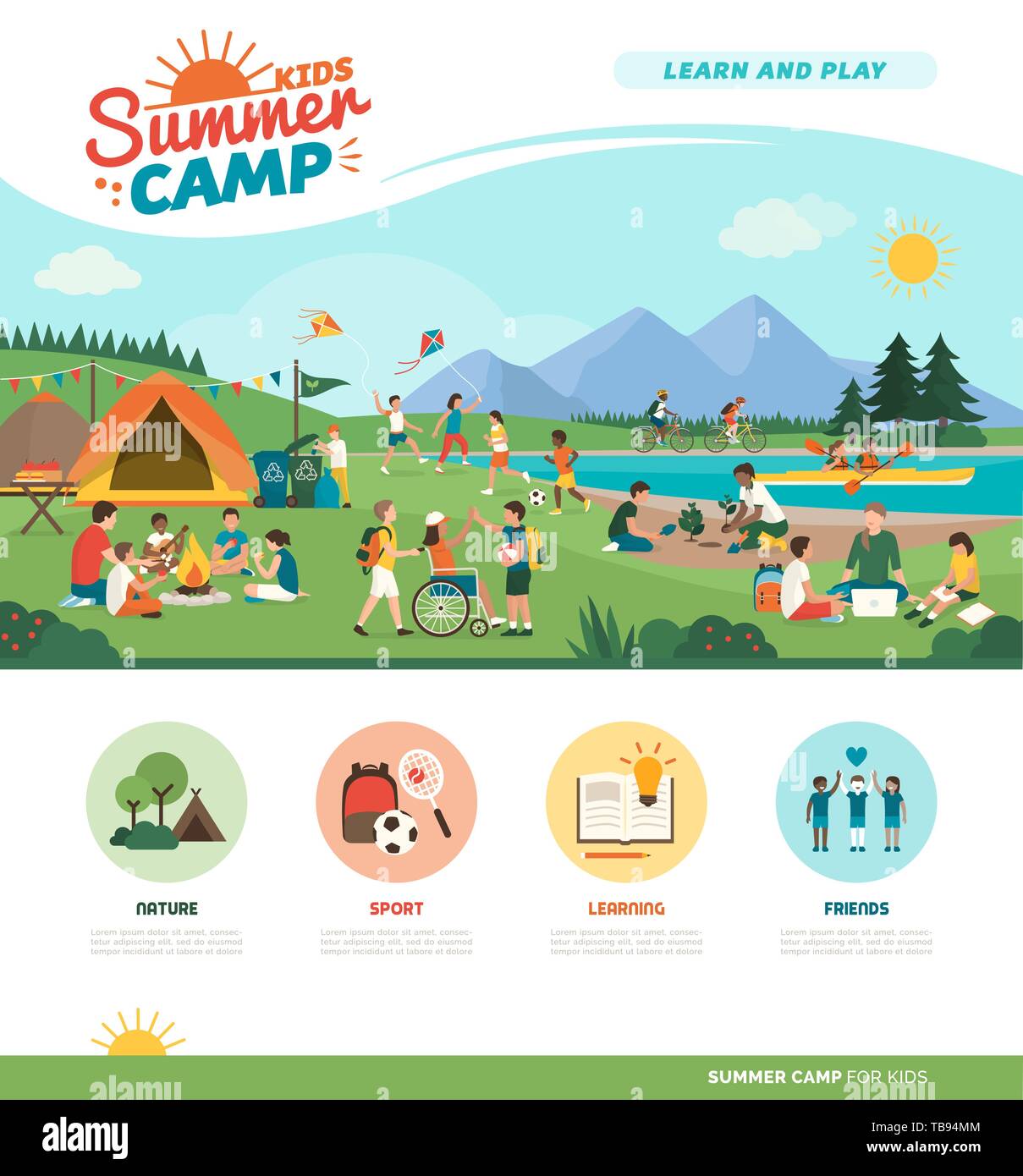Happy Kids genießen Sommer Camp gemeinsam in den Bergen: sind Sie Camping, spielen und lernen, Vielfalt und Bildung Konzept Stock Vektor