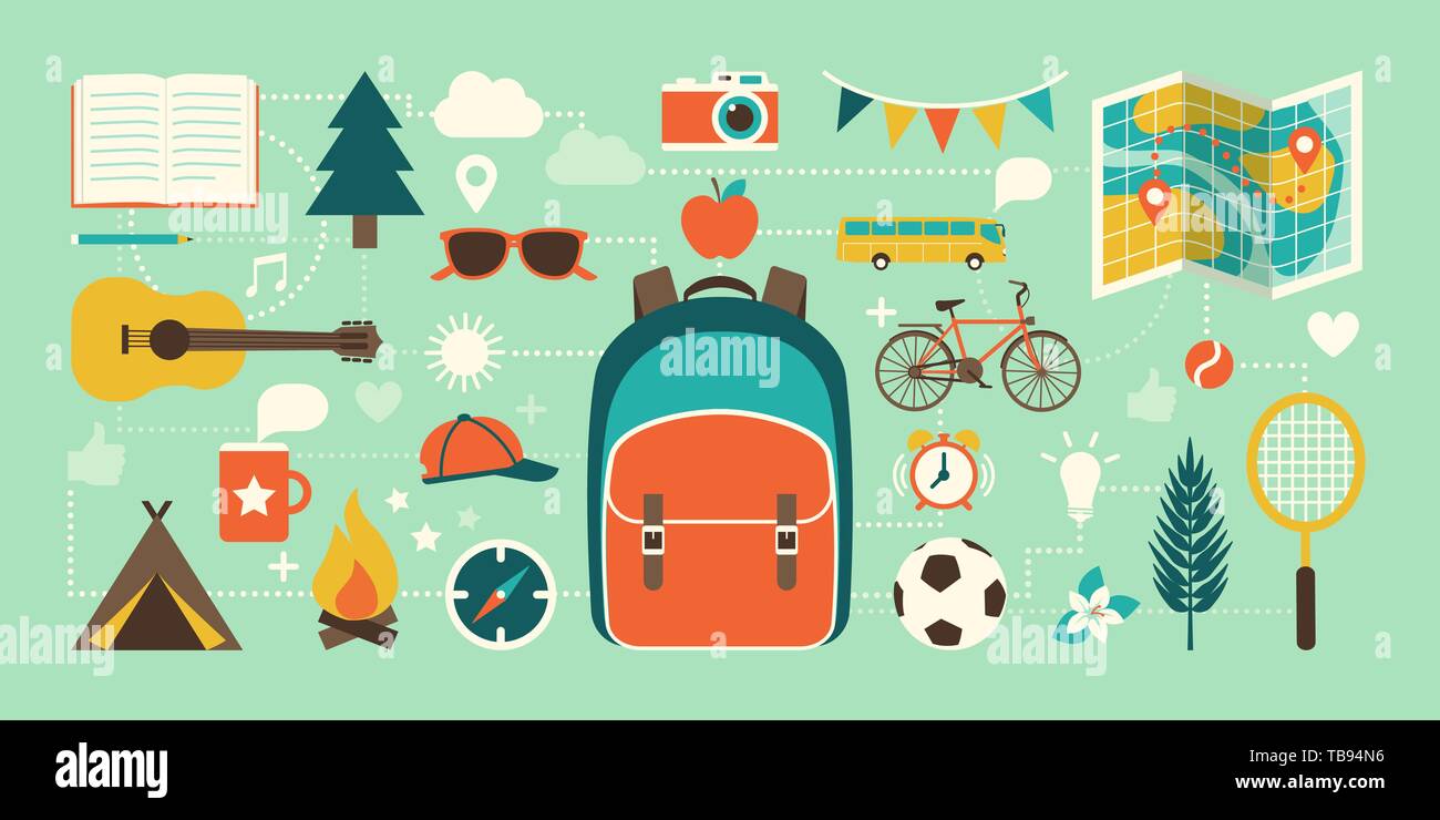Sommer Camp, Ferien und Kindheit Konzept: Tourismus, Abenteuer und Bildung Symbole miteinander verbunden Stock Vektor