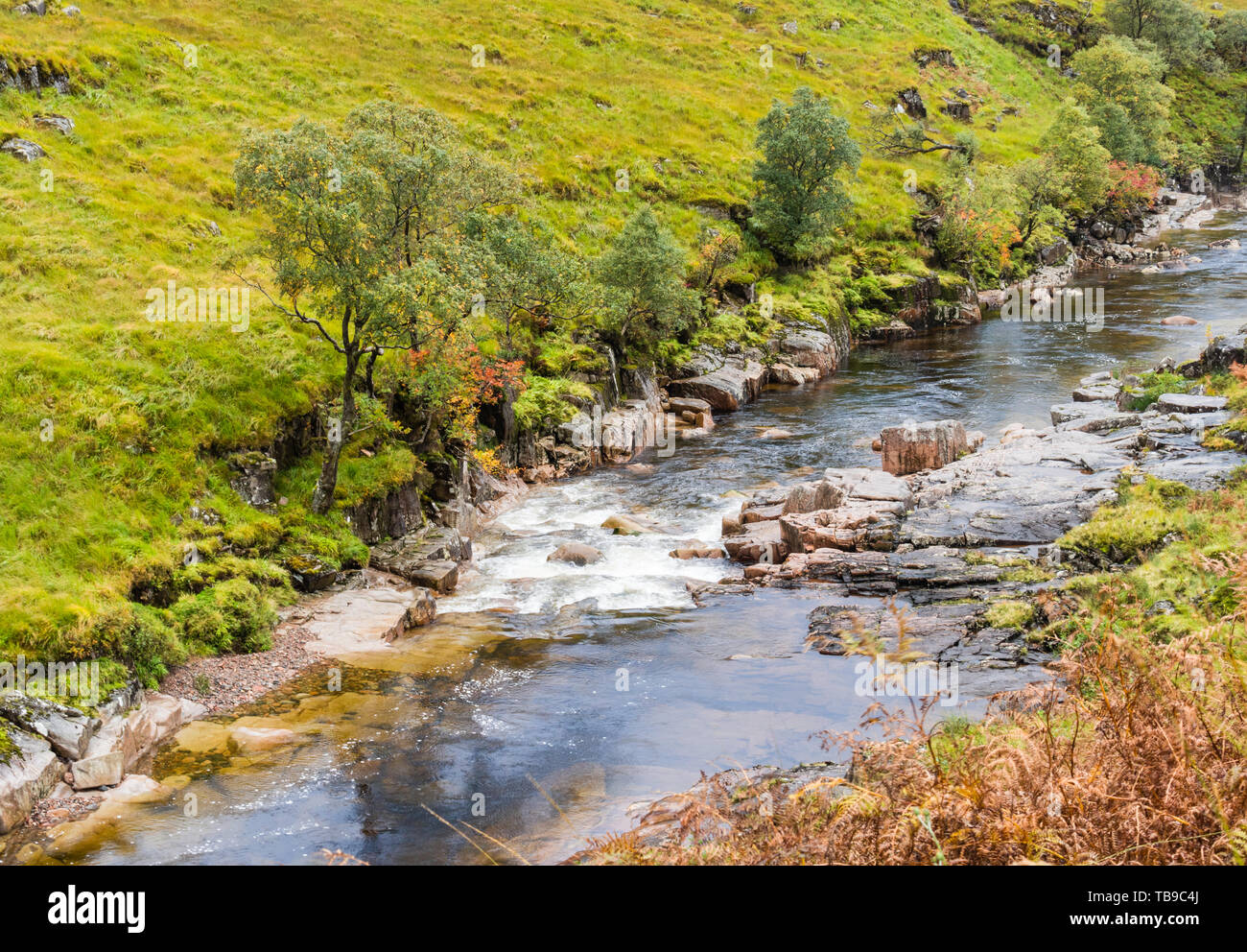 Wasserfall im Fluß Etive im Glen Etive im Glen Coe region, Schottland Stockfoto