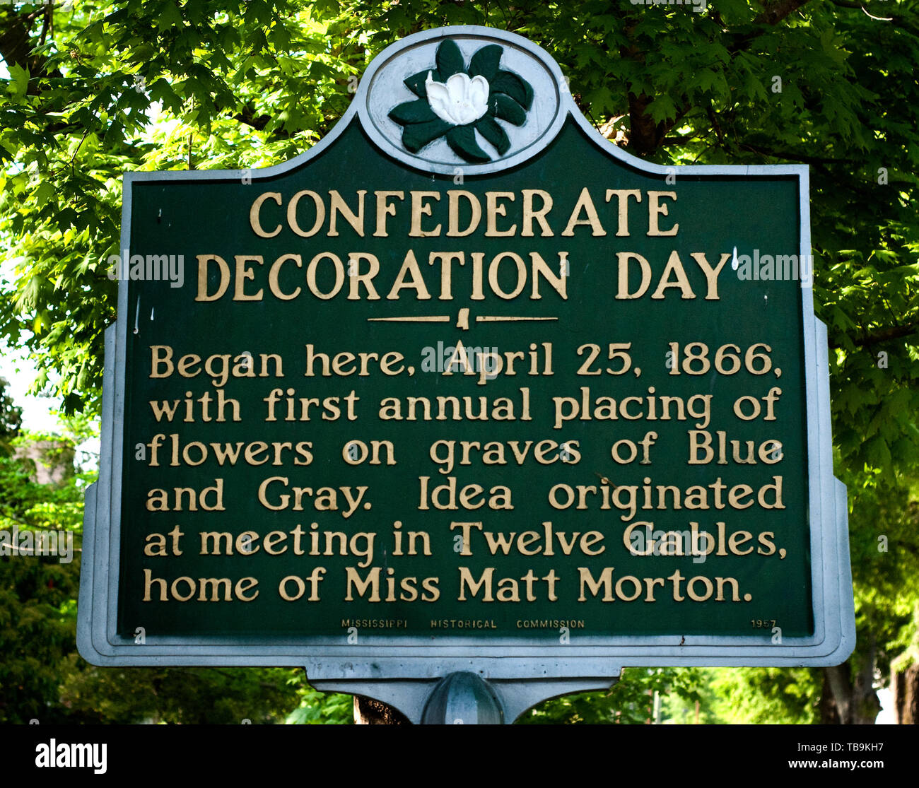 Eine historische Marker erzählt die Herkunft der Konföderierten Dekoration Tag in Columbus, Mississippi, 16. April 2010. Stockfoto