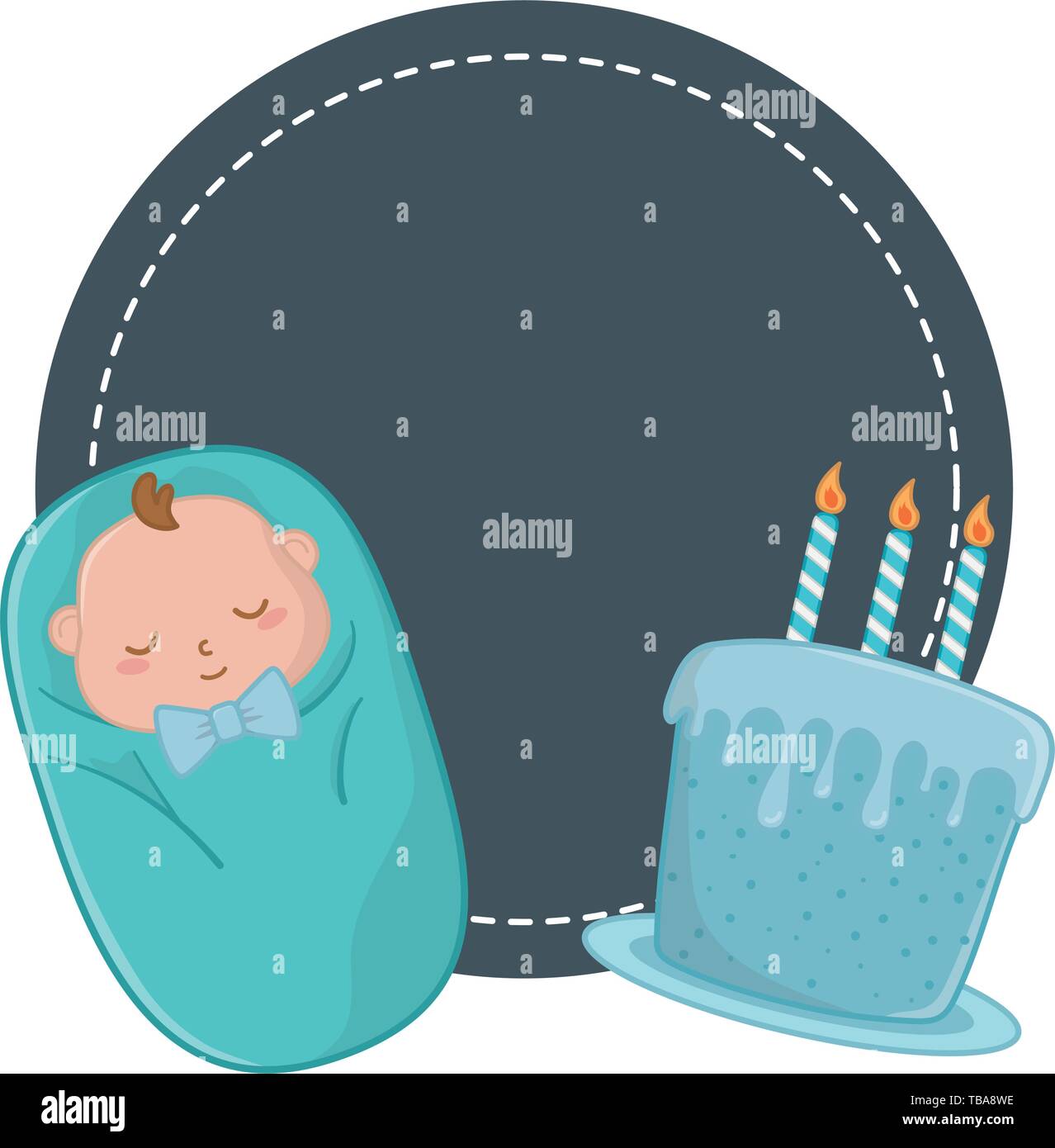 Runden Rahmen und Baby geschützten mit Geburtstag Kuchen und Kerzen Vector Illustration graphic design Stock Vektor