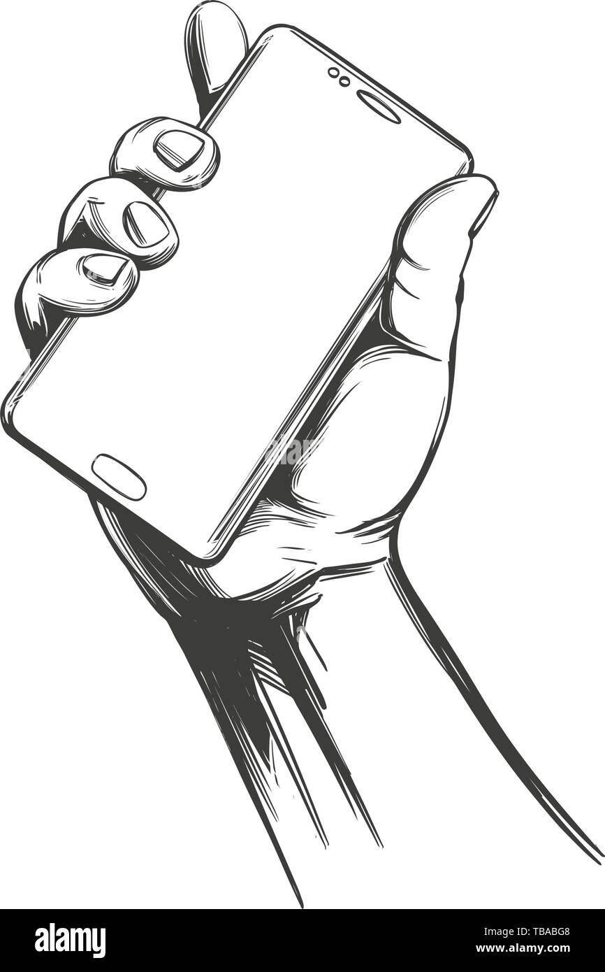 Hand mit einem großen Smart Handy, digitale Technologie Symbol Hand gezeichnet Vektor-illustration Skizze Stock Vektor