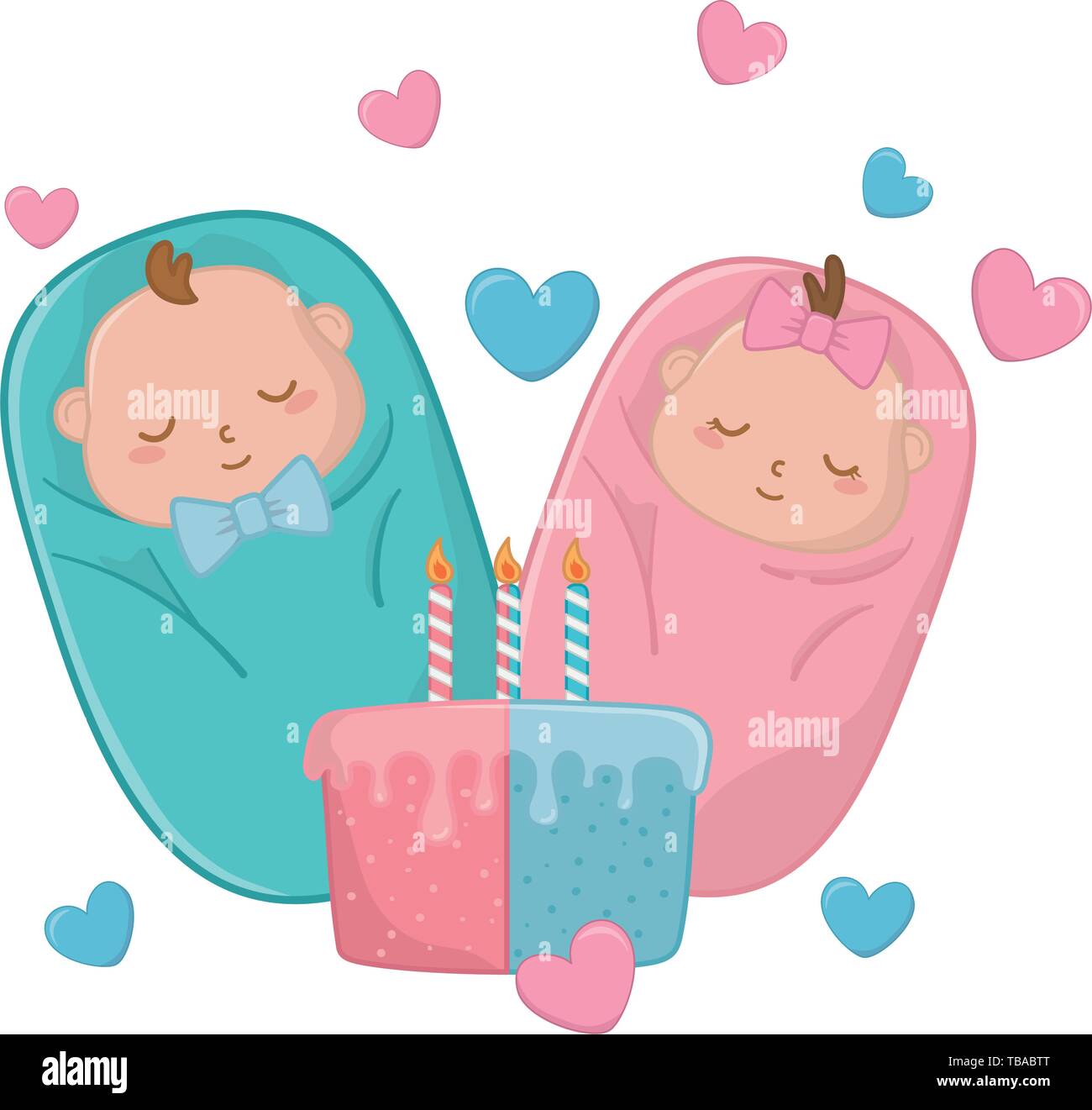 Babys geschützt und Kuchen und Kerzen und Herzen herum schwimmen Vector Illustration graphic design Stock Vektor