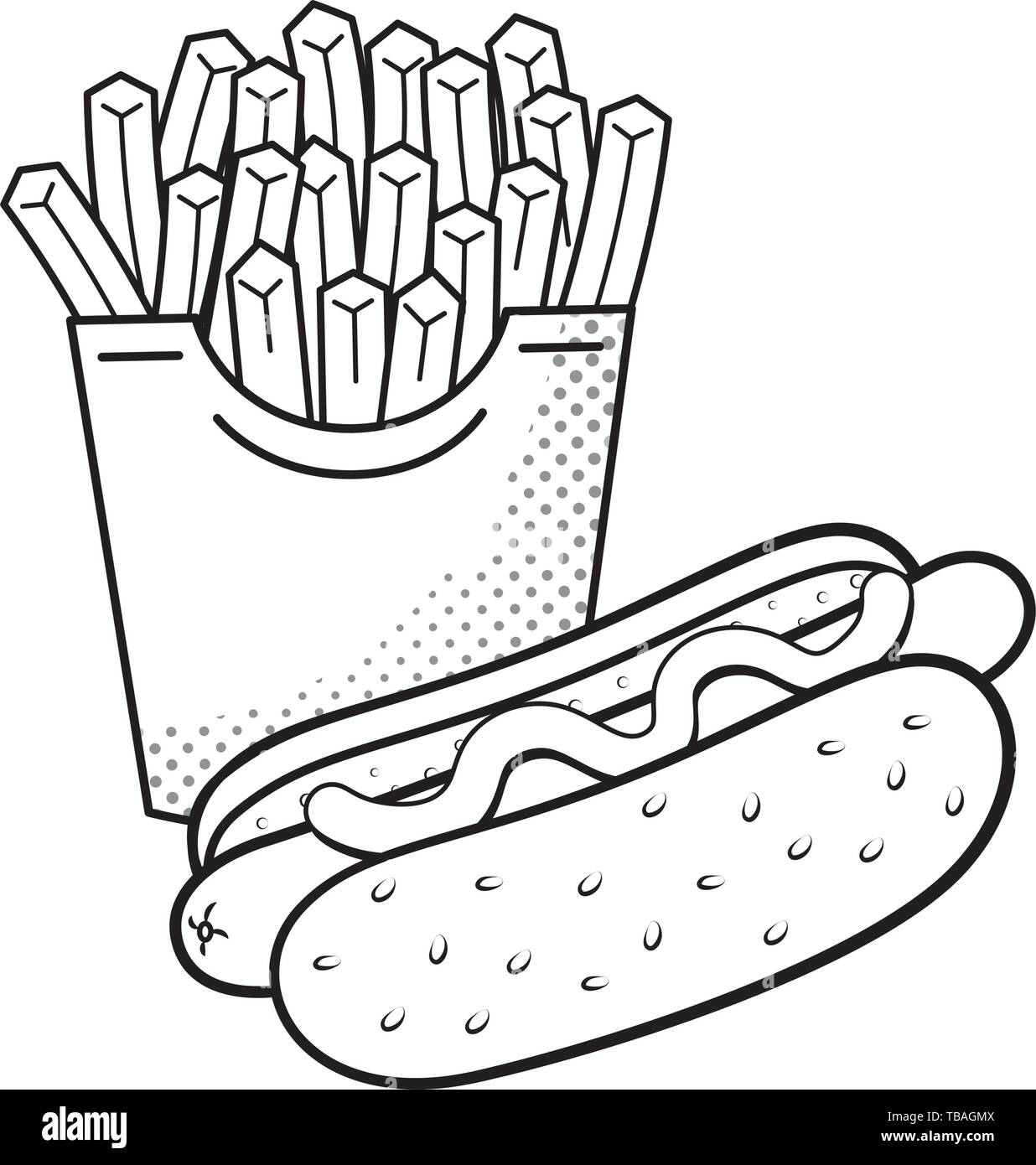 Hot Dog und Pommes frites Symbol cartoon Schwarz und Weiß Vector Illustration graphic design Stock Vektor