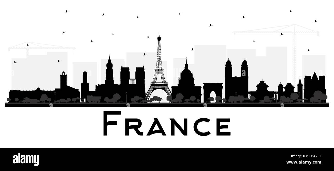 Frankreich Skyline Silhouette mit schwarzen Gebäude isoliert auf Weiss. Vector Illustration. Konzept mit historischer Architektur. Frankreich Stadtbild. Stock Vektor