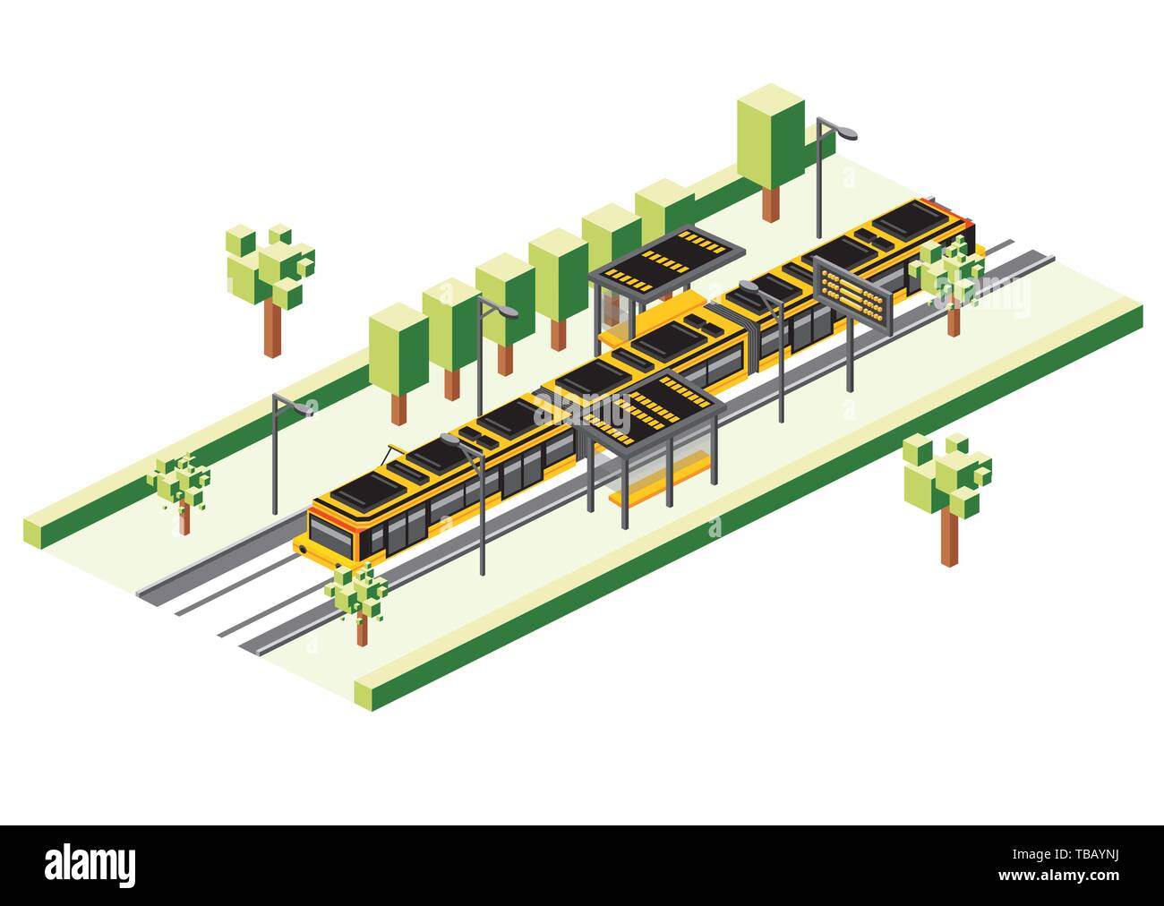 Isometrische Tram Station isoliert auf Weiss. Vector Illustration. Bahnhof Zug. Stadt Szene mit Straße und grünen Bäumen. Stock Vektor