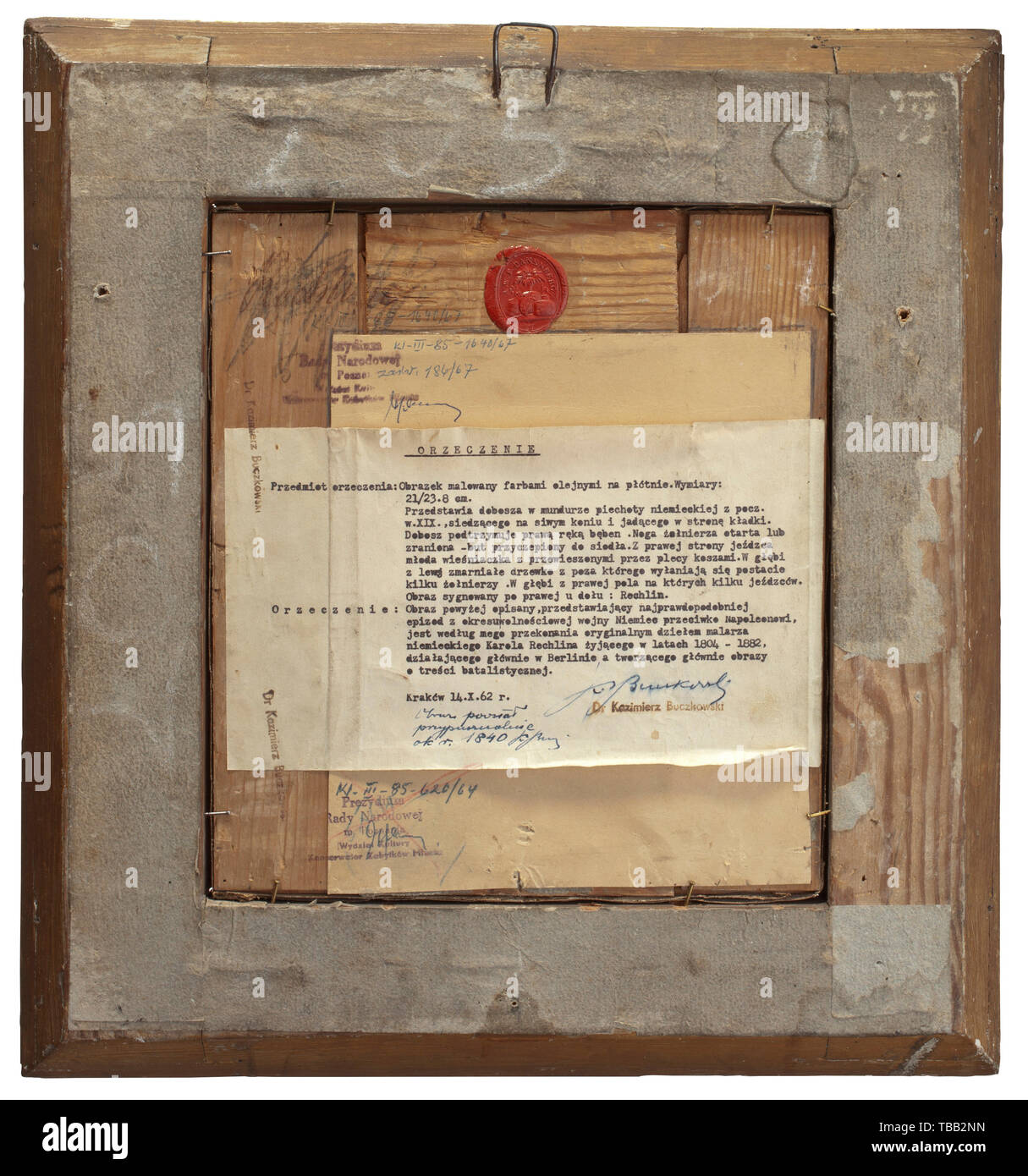 Carl Fürstenberg (1804 - 1882) - "Rückzug aus Rußland" Öl auf Leinwand (auf Holz), unten rechts auf das "rechlin" unterzeichnet. Ein Bauernmädchen führenden Ein verwundeter Preußischen Schlagzeuger und sein Pferd über eine Brücke, Infanterie nähert sich im Hintergrund. Auf der Rückseite einer alten Sammlung Dichtung und Gutachten (in polnischer Sprache). In alten vergoldeten Rahmen mit ausgiebigem relief Dekoration (beschädigt). Bildgröße ca. 21 x 24 cm, Rahmengröße ca. 34,5 x 37 cm. Eine sehr interessante Szene aus den Befreiungskriegen, die den Rückzug der preußischen Verbündeten in Napoleons Russ, Additional-Rights - Clearance-Info - Not-Available Stockfoto