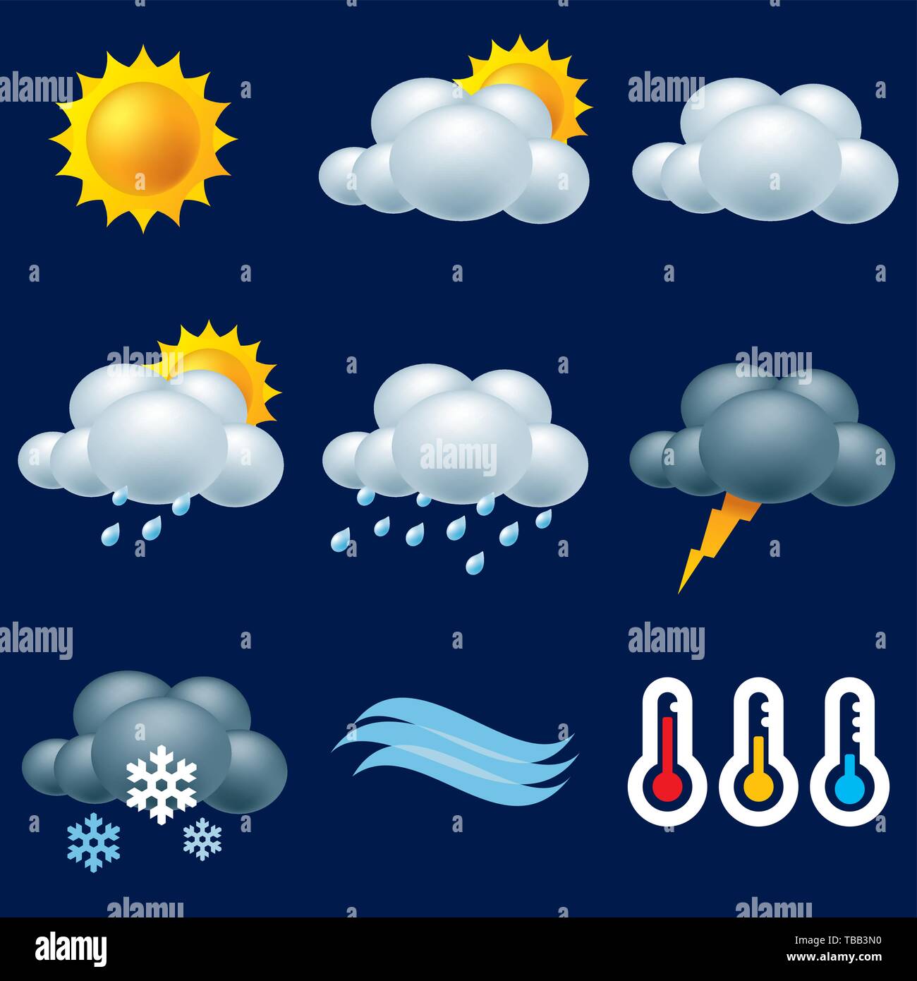 Vector Illustration. Wetter 3D-Symbole der Sonne, Wolken und Temperatur. Stock Vektor