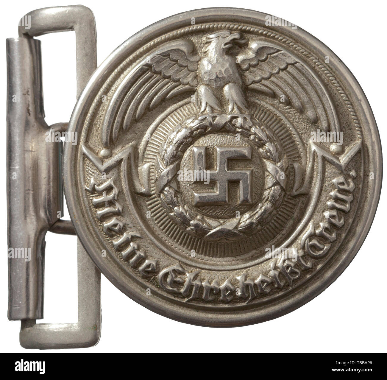 Die John PEPERA SAMMLUNG, ein SS-Offizier Gürtelschnalle, gestempelt Nickel 48 mm Durchmesser Schnalle, rückwärts mit einem Stempel "RZM (Kreis)' und '24 (Kreis)"., Editorial-Use - Nur Stockfoto