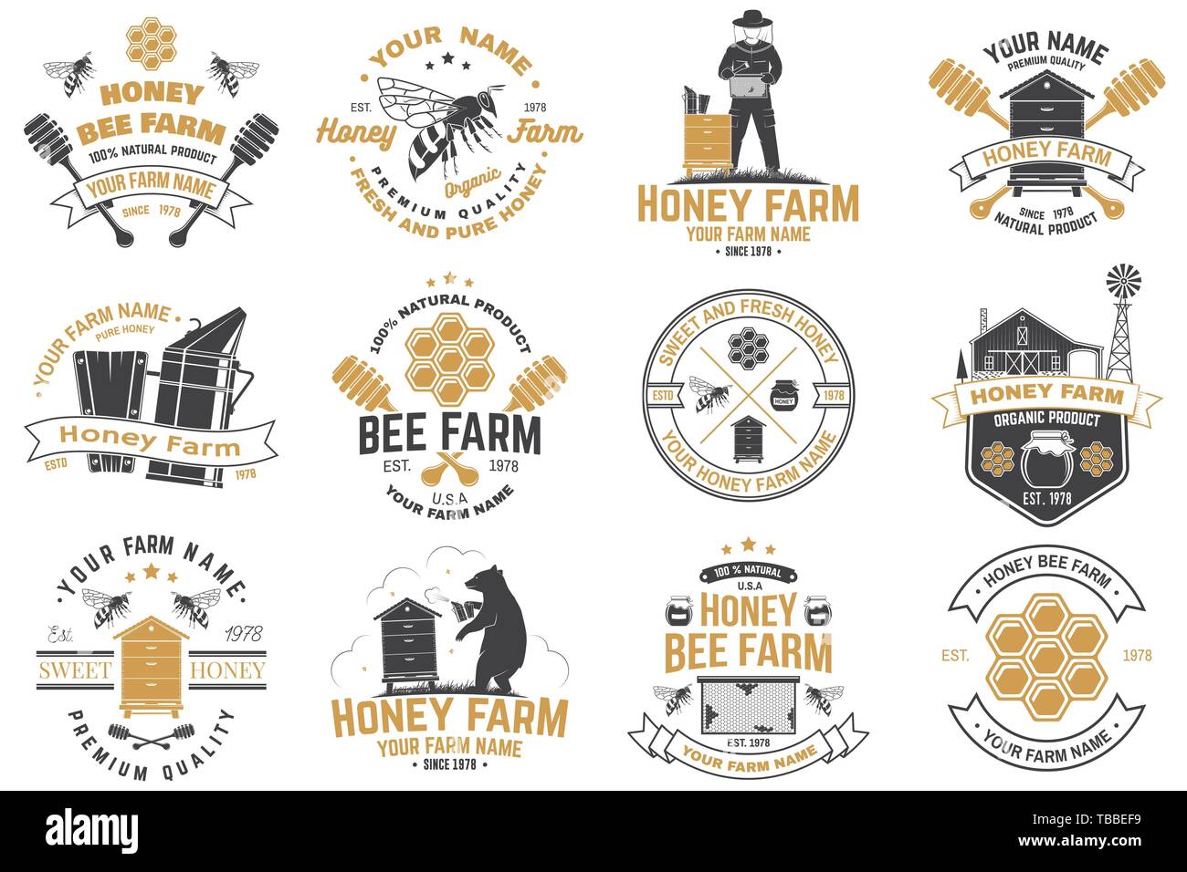 Eingestellt von Honey Bee Farm Abzeichen. Vektor. Konzept für T-Shirt, Druck, Stempel oder T-Stück. Vintage Typografie Design mit Biene, honigwabe Stück, Bienenkorb und Honig Pendelarm Silhouette. Design für Honey Bee Farm Business Stock Vektor