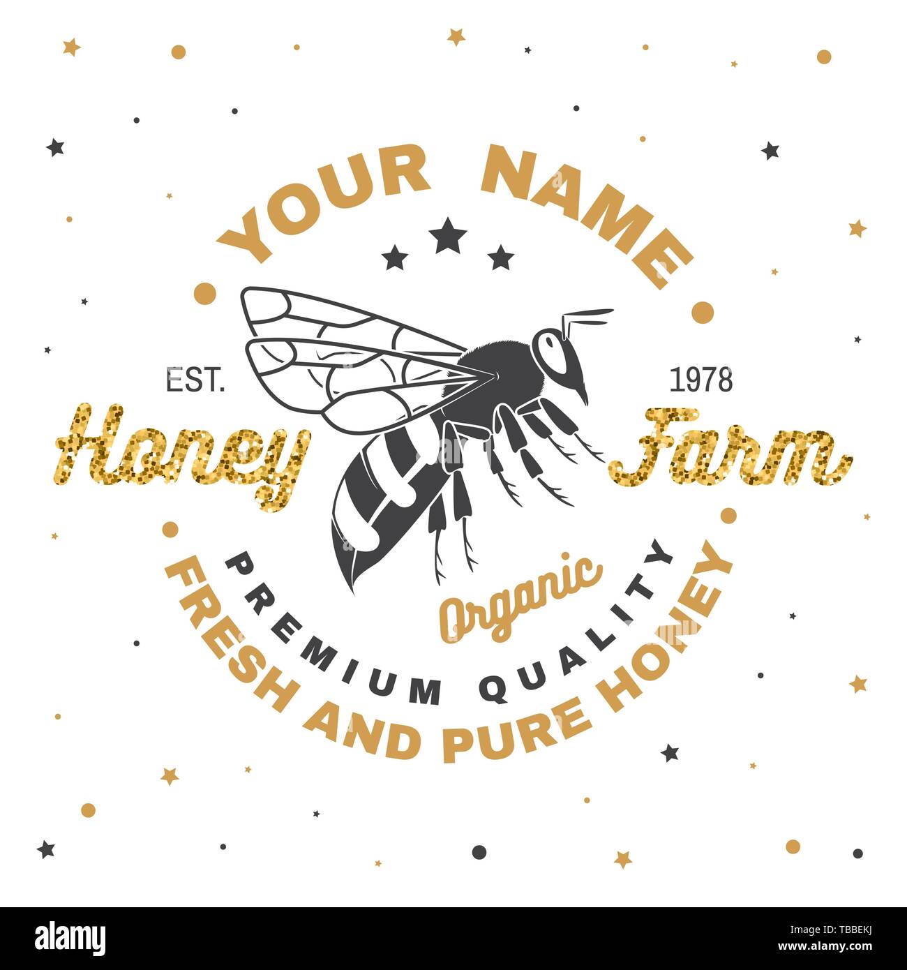 Honey Farm Abzeichen. Vector Illustration. Konzept für T-Shirt, Druck, Stempel oder T-Stück. Vintage Typografie Design mit Biene Silhouette. Retro Design für Honey Bee Farm Business. Frische und reine Honig Stock Vektor