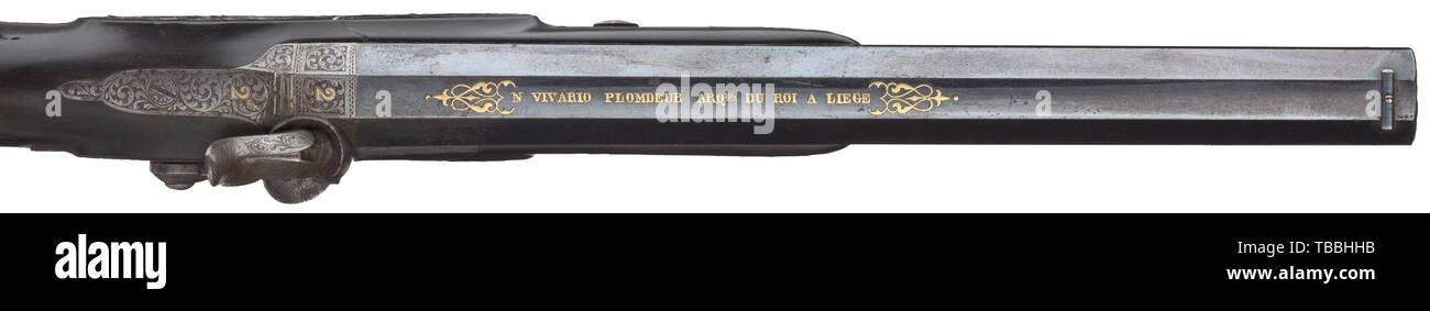 Ein percussion Pistole, N. Vivario-Plomdeur, LiÃ¨ge, um 1860 Achteckig, rifled Barrel mit tiefem Schwarz, in 12-mm-Kaliber. Auf die Oberseite des Fasses in Gold unterzeichnet "N. Vivario Plomdeur Arqber. du Roi eine Liege". Graviert patent breechblock, bezeichnet '2'. Percussion schloss mit Ranke Gravur. Fein Ebenholz lieferbar mit silbernen Draht Inlays geschnitzt, graviert, Bügeleisen ausgestattet. Die Lager mit kleinen Schwundrisse in der Nähe der Betten und die Befestigung des Zylinders. Länge 39,5 cm. Schöne Waffe, unbeweisbare durch sorgfältige Reinigung. historischen, geschichtlichen, ci, Additional-Rights - Clearance-Info - Not-Available Stockfoto