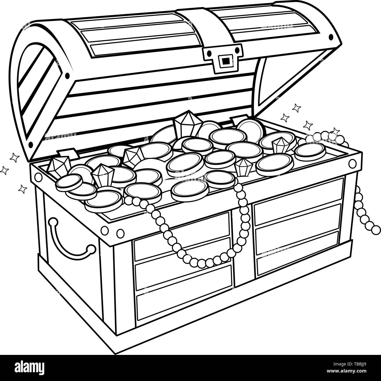 Schatzkiste gefüllt mit Goldschätzen, Goldmünzen, Diamanten, Perlen und Schmuck. Eine Holzkiste gefüllt mit Goldschatz. Seite mit Ausmalbuch Stock Vektor