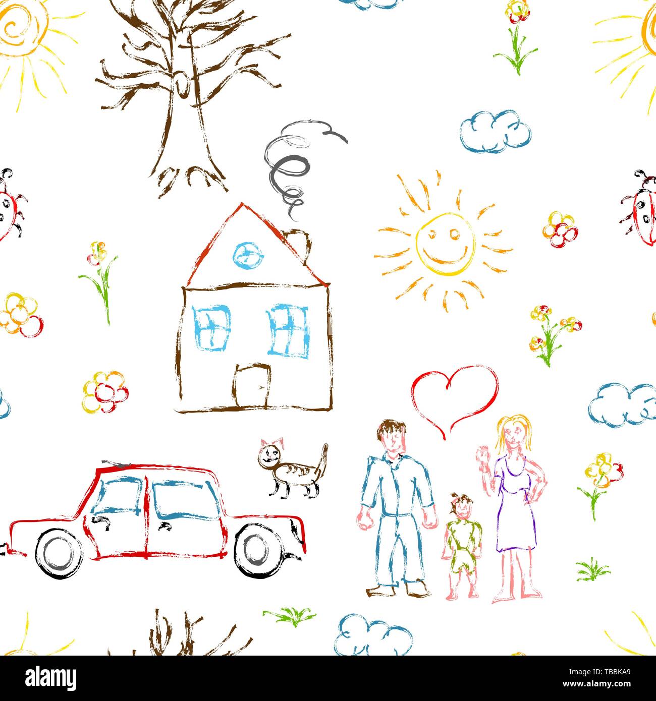 Süße hand bunte Kind gezeichnete Objekte wie Familie, Blumen, Haus, Gras, Baum, Sonne und Katze, nahtlose Muster Stock Vektor