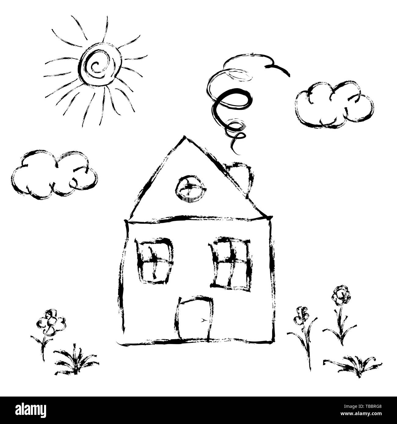 Die Hand des niedlichen Kind gezeichnetes Haus mit Wiese und Sonne isoliert auf weißem Stock Vektor
