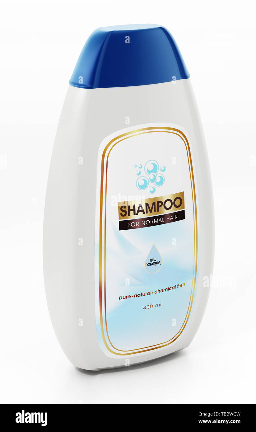 Generische Shampoo Flasche und Label Design auf weißem Hintergrund. 3D-Darstellung. Stockfoto