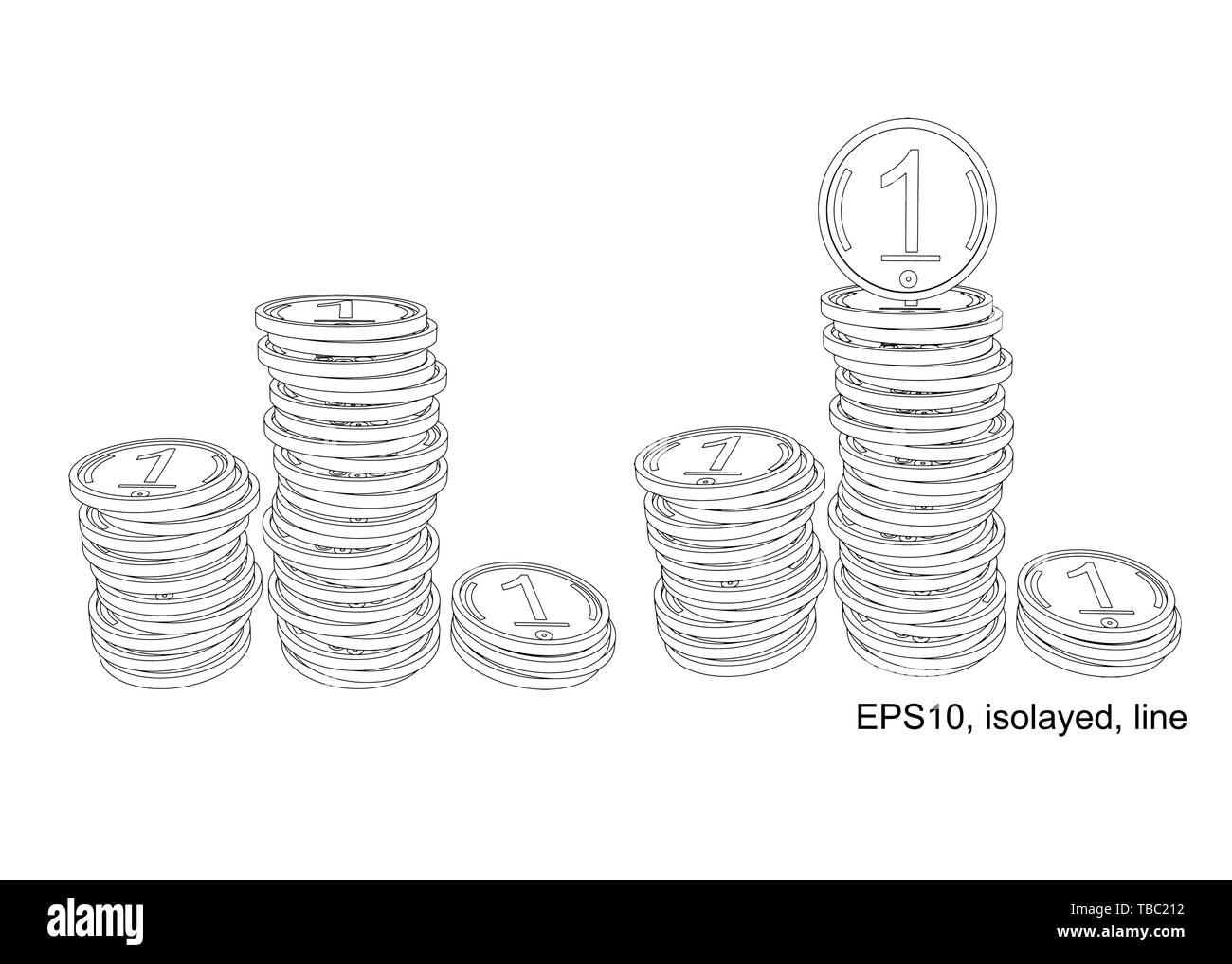 Podium der Stapel der Münzen. Viele Goldmünzen in Türmen. Skizzieren. Stock Vektor