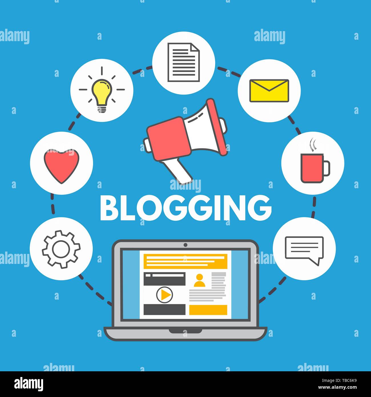 Blogging Konzept auf blauem Hintergrund. Laptop und social media Icons. Lineare Design. Web Sharing Konzept. Trendy Vector Illustration. Stock Vektor