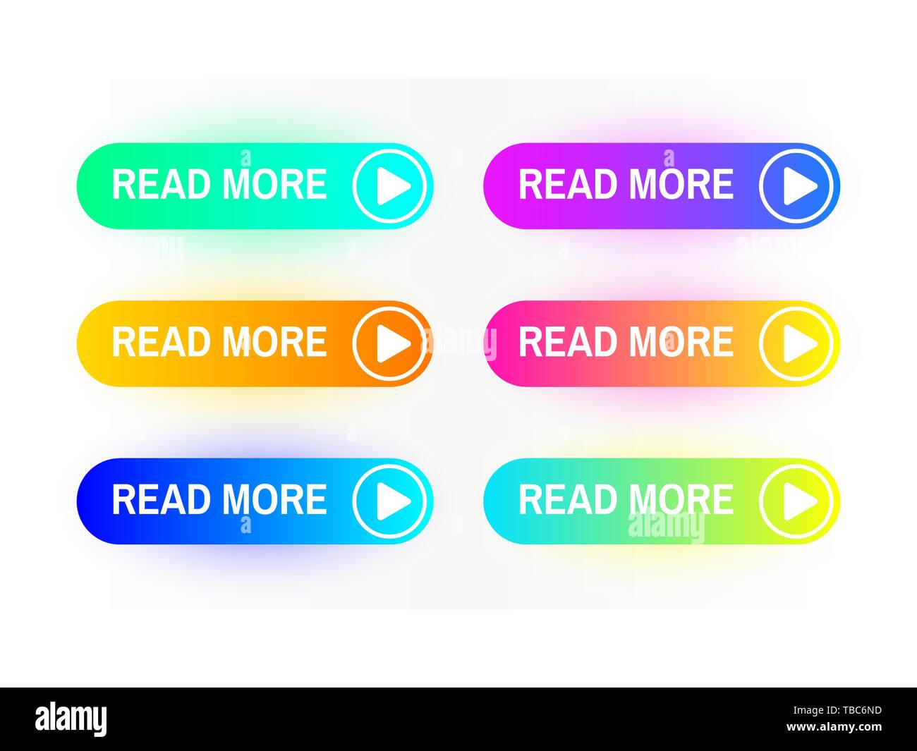 Gradient Tasten auf weißem Hintergrund. Schaltfläche "Mehr" Konzept lesen. Website Schnittstelle. Bunte Schaltfläche Sammlung. Farbige Symbole für Web mit Stock Vektor