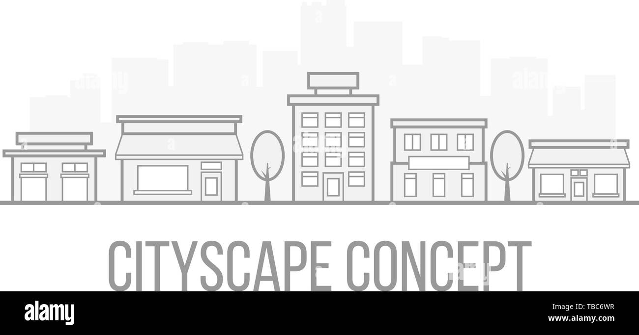 Stadtbild Konzept in gängigen linearen Stil. Grauen und weißen Design. Stadt Szene für Website oder Visitenkarte. Immobilien Agentur Vorlage. Vektor illustr Stock Vektor