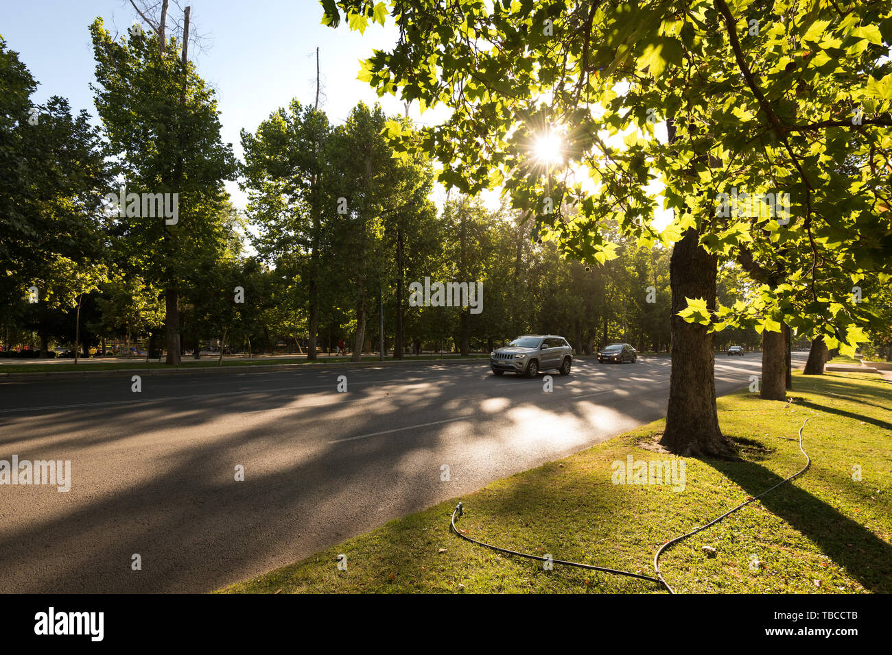 Region Metropolitana, Santiago, Chile - Verkehr in die forstliche Park in der Innenstadt mit einer untergehenden Sonne. Stockfoto