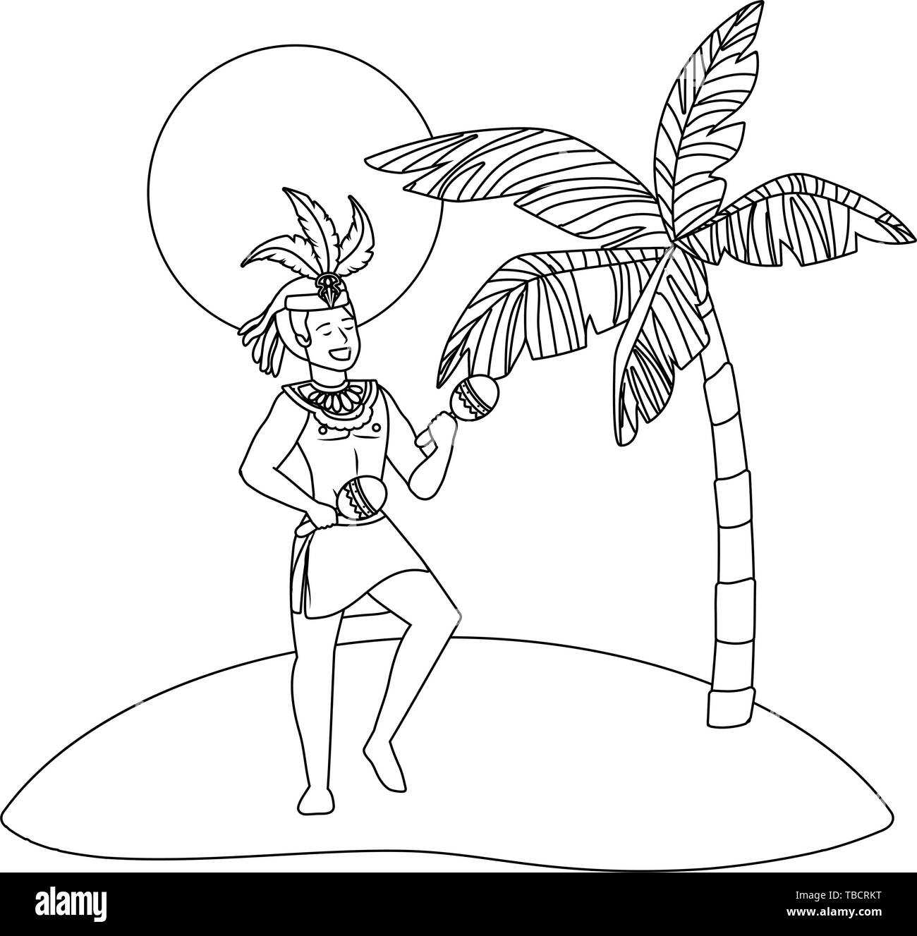 Mann mit Maracas feiern Karneval in Brasilien am Strand mit Palmen und Sonne Vektor-illustration bearbeitbar Stock Vektor