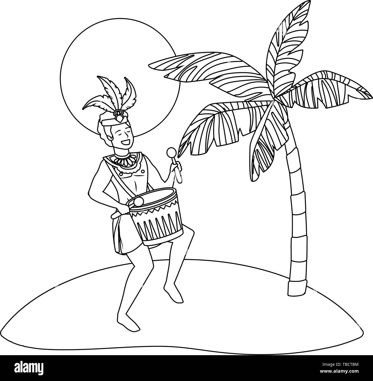 Mann mit Drum feiern Karneval in Brasilien am Strand mit Palmen und Sonne Vektor-illustration bearbeitbar Stock Vektor