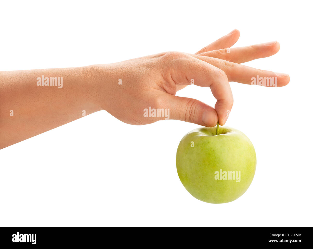 Grüner Apfel in der Hand weg isoliert Stockfoto