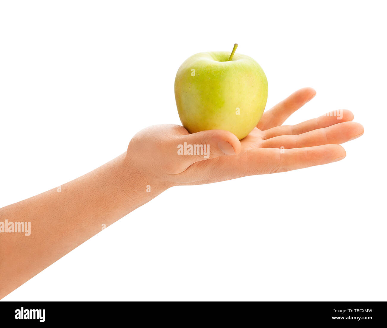 Grüner Apfel in der Hand weg isoliert Stockfoto