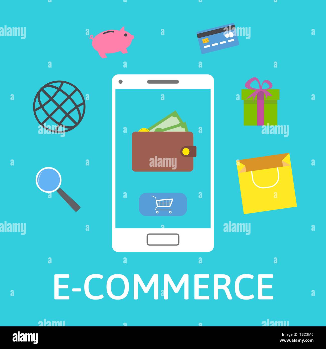 E-commerce Konzept. Online Brieftasche. Mit shopping icons Smartphone. Online Zahlung. Flache design Vector Illustration auf blauem Hintergrund. Stock Vektor