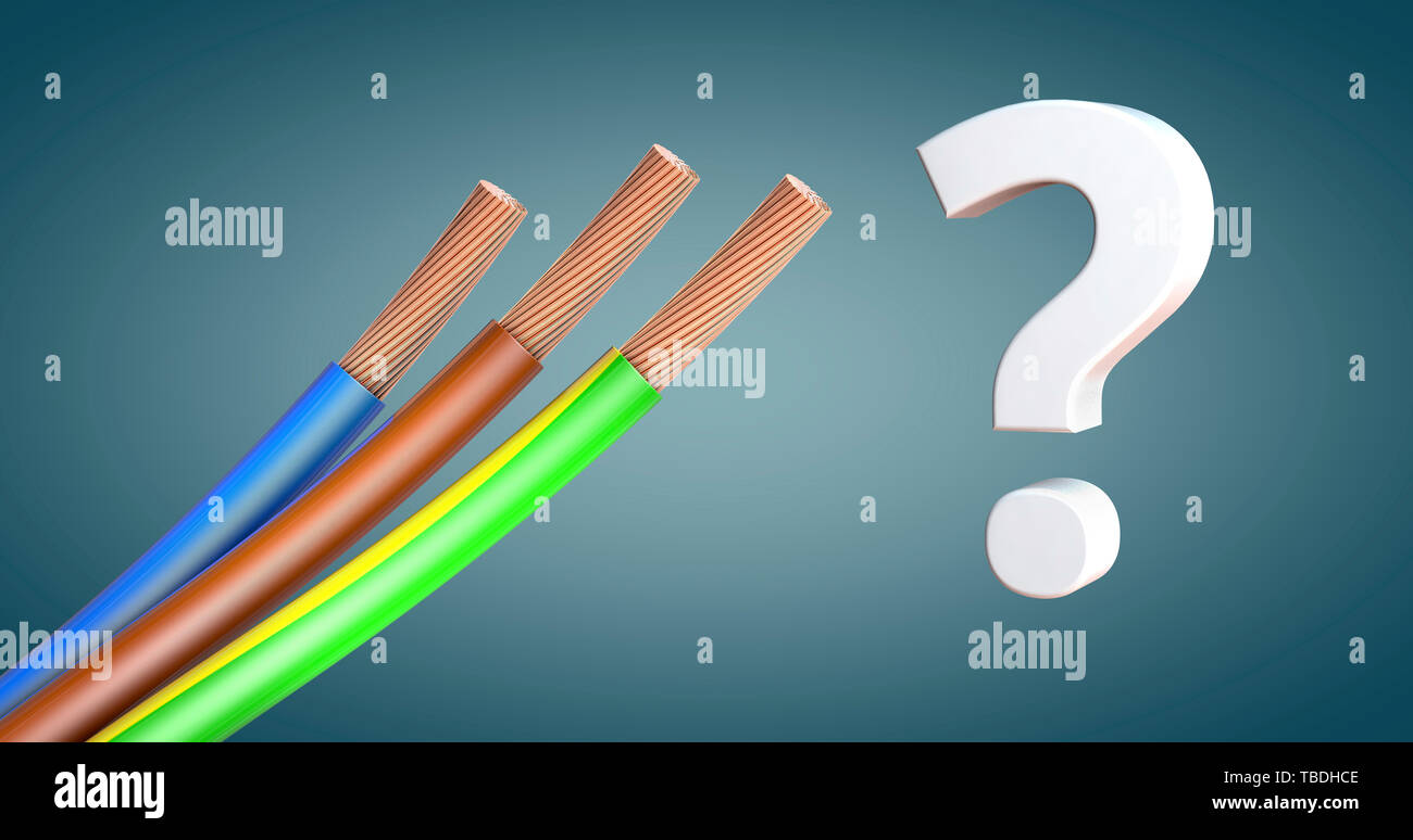 Abisolierten Netzkabel oder Netzteil in den Standardfarben neben einem Fragezeichen - 3D-Darstellung Stockfoto