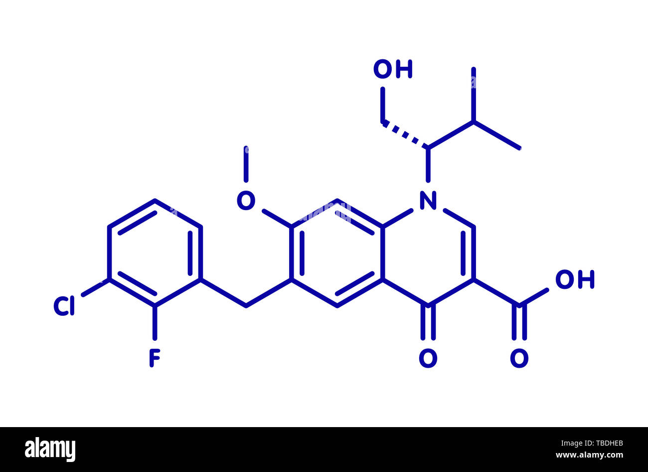 Elvitegravir HIV-Behandlung Droge (integrase Inhibitor) Molekül. Blau Skelett Formel auf weißem Hintergrund. Stockfoto