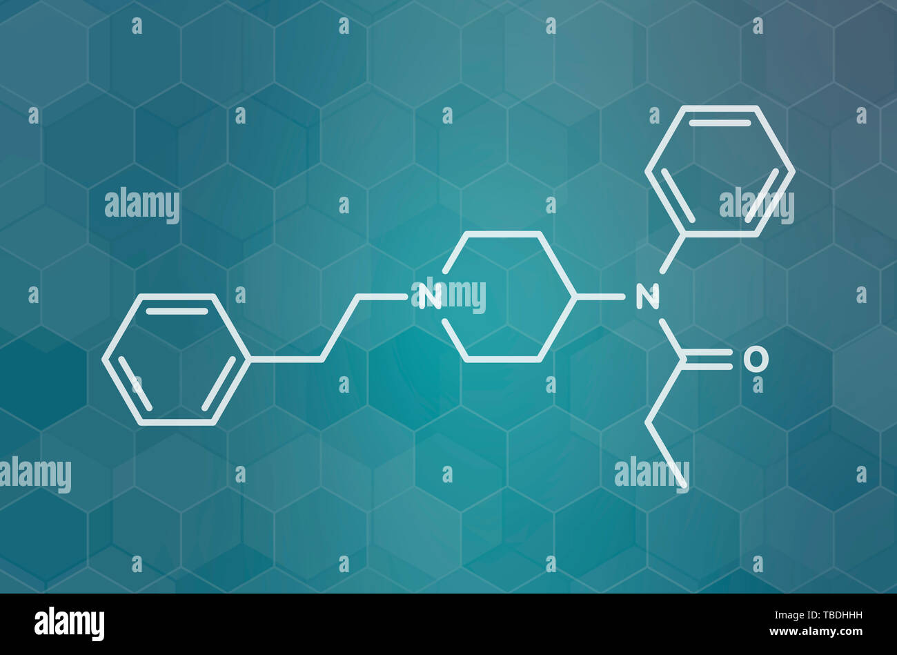 Fentanyl (fentanil) Opioidanalgetikum Droge Molekül. Weiß Skelett Formel auf dunklen blaugrün Verlaufshintergrund mit hexagonalen Muster. Stockfoto