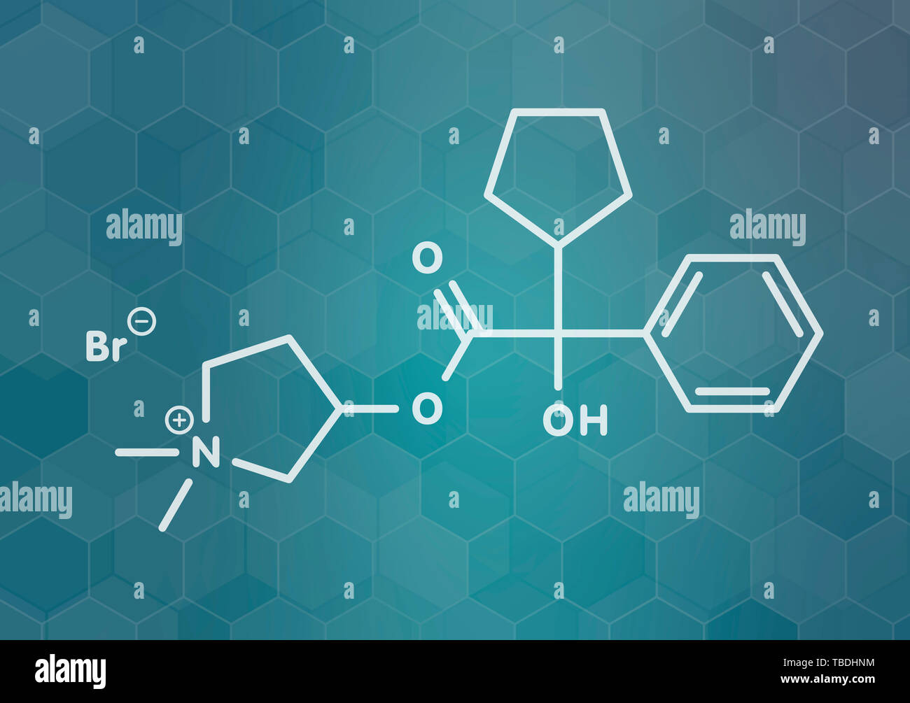 Glycopyrroniumbromid (glykopyrrolat) COPD-Medikament Molekül. Hat zusätzliche medizinische Verwendungen. Weiß Skelett Formel auf dunklen blaugrün Verlaufshintergrund mit hexagonalen Muster. Stockfoto