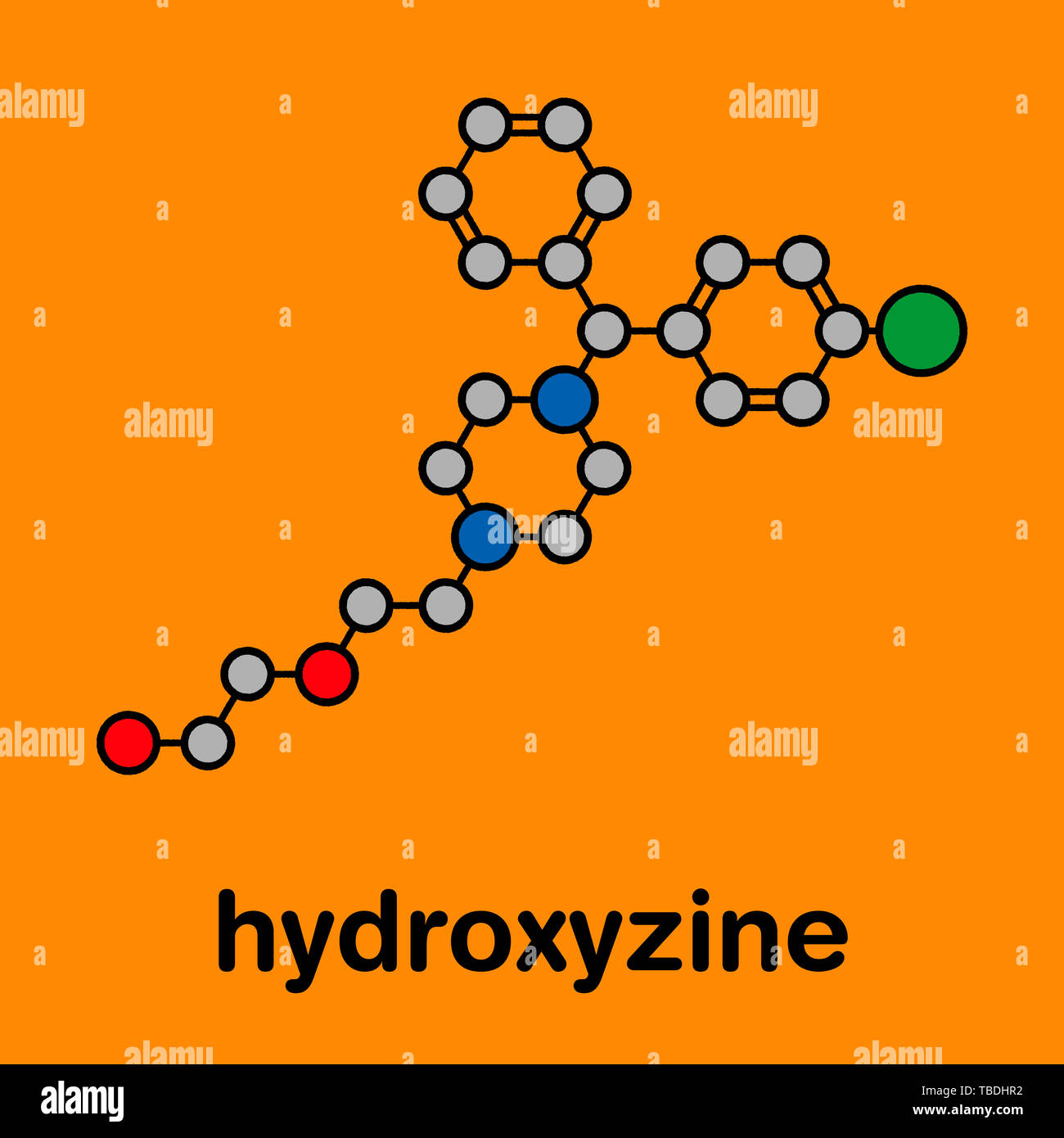Hydroxyzin Antihistaminikum Droge Verwendung Zur Behandlung Von Juckreiz Angst Und Reisekrankheit Stilisierte Skelett Formel Die Chemische Struktur Atome Sind Als Farbkodierte Kreise Mit Dicken Schwarzen Gezeigt Umrisse Und Anleihen Wasserstoff
