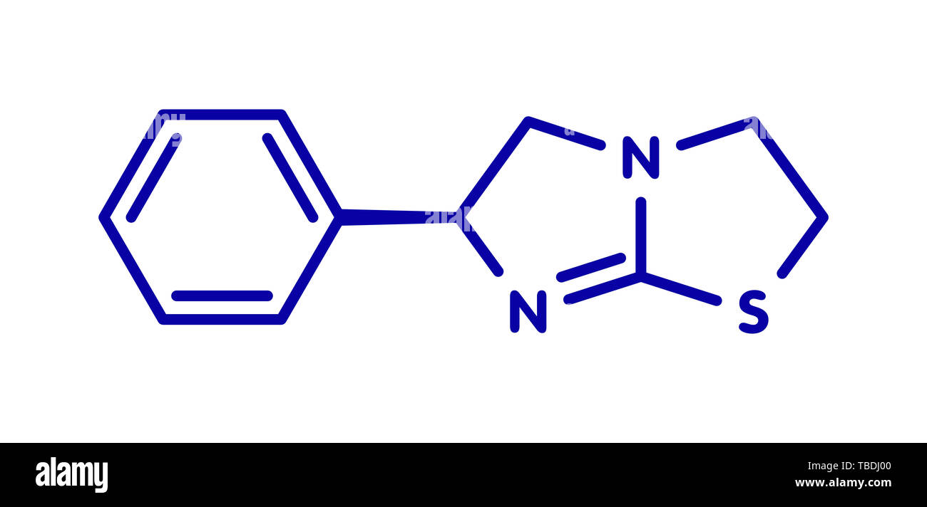 Anthelminthikum levamisol Droge Molekül. Laevorotatory Isomer von tetramisole. Blau Skelett Formel auf weißem Hintergrund. Stockfoto