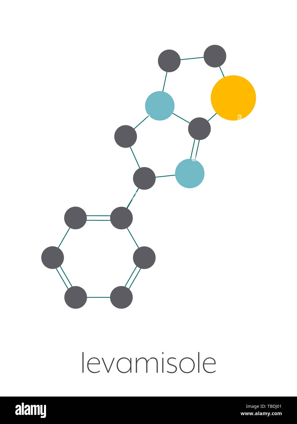 Anthelminthikum levamisol Droge Molekül. Laevorotatory Isomer von tetramisole. Stilisierte Skelett Formel (die chemische Struktur). Atome sind als farbkodierte Kreise, die durch dünne Anleihen verbunden gezeigt, auf einem weißen Hintergrund: Wasserstoff (versteckt), Kohlenstoff (grau), Stickstoff (blau), Schwefel (gelb). Stockfoto