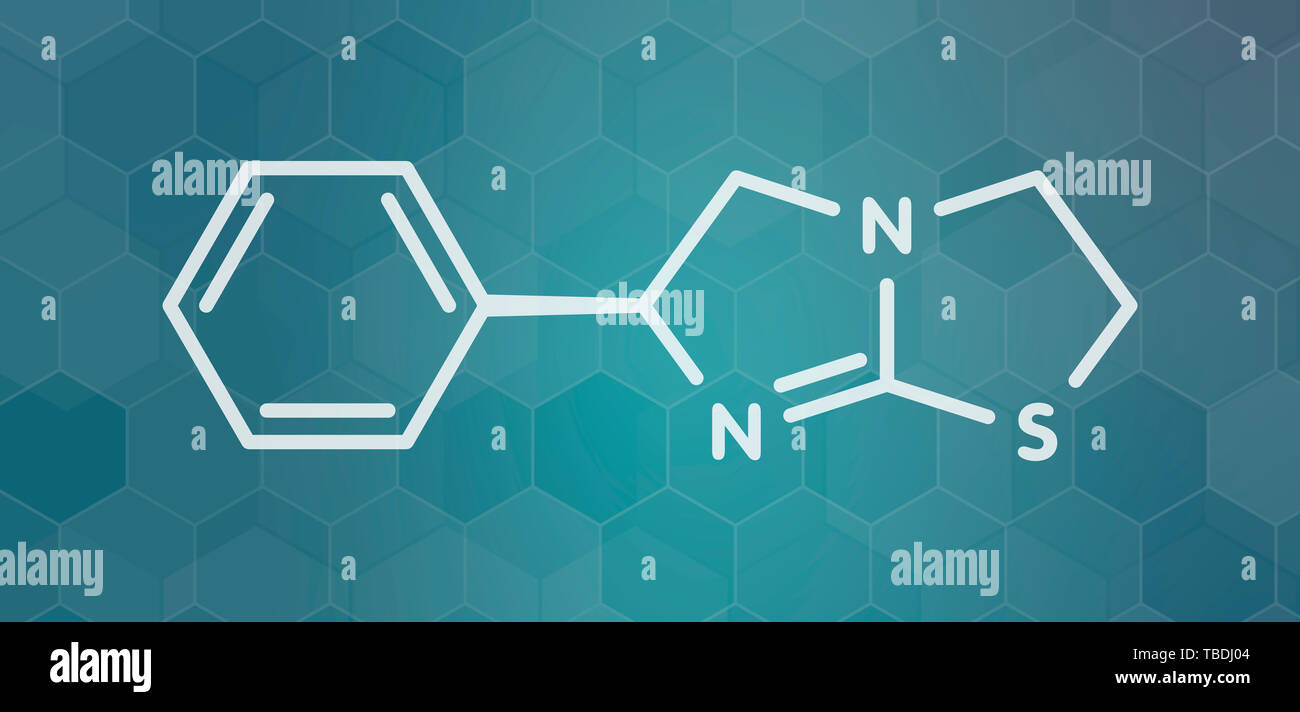 Anthelminthikum levamisol Droge Molekül. Laevorotatory Isomer von tetramisole. Weiß Skelett Formel auf dunklen blaugrün Verlaufshintergrund mit hexagonalen Muster. Stockfoto