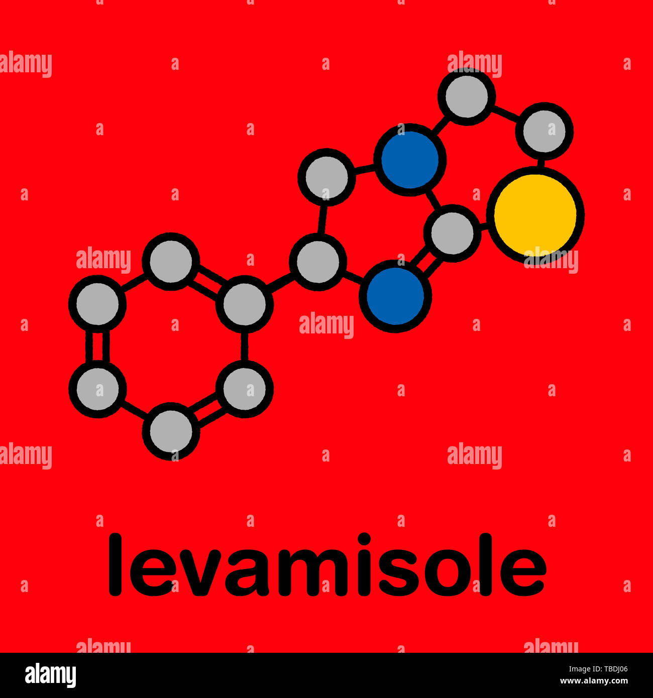 Anthelminthikum levamisol Droge Molekül. Laevorotatory Isomer von tetramisole. Stilisierte Skelett Formel (die chemische Struktur). Atome sind als farbkodierte Kreise mit dicken schwarzen gezeigt Umrisse und Anleihen: Wasserstoff (versteckt), Kohlenstoff (grau), Stickstoff (blau), Schwefel (gelb). Stockfoto