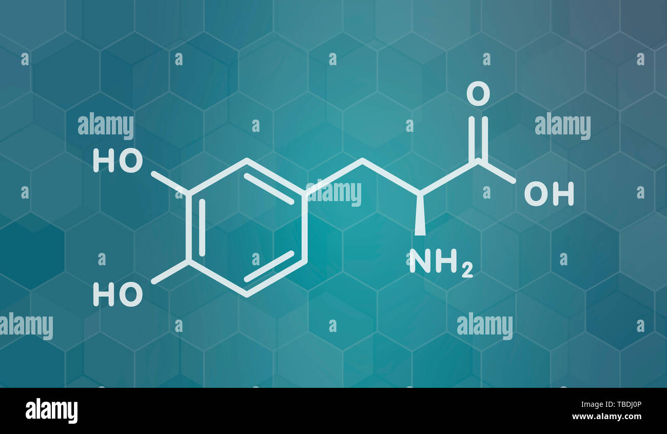 L-Dopa (Levodopa) Parkinson Medikament Molekül. Weiß Skelett Formel auf dunklen blaugrün Verlaufshintergrund mit hexagonalen Muster. Stockfoto