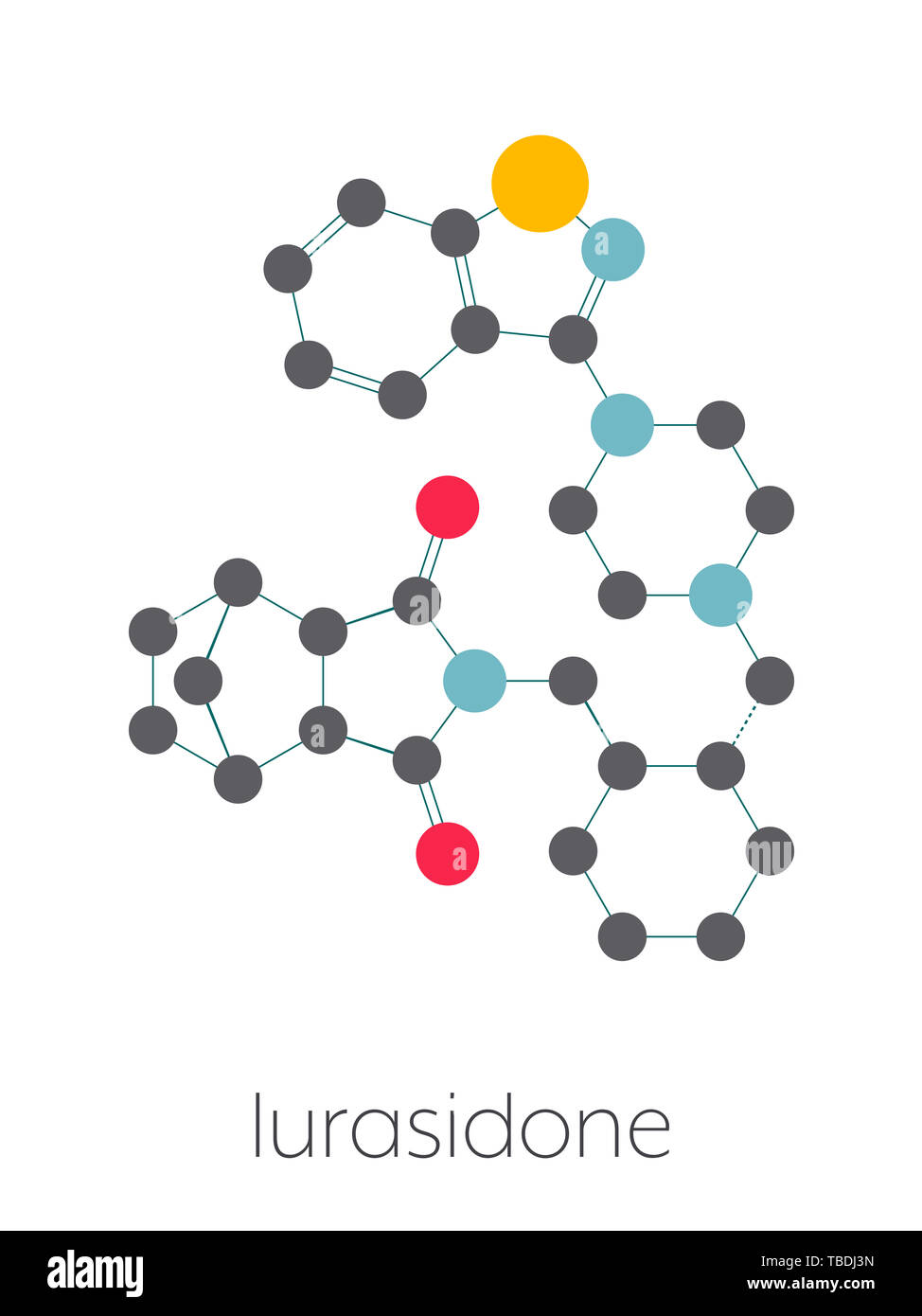 Lurasidone atypisches antipsychotisches Rauschgift Molekül. Stilisierte Skelett Formel (die chemische Struktur). Atome sind als farbkodierte Kreise, die durch dünne Anleihen verbunden gezeigt, auf einem weißen Hintergrund: Wasserstoff (versteckt), Kohlenstoff (grau), Sauerstoff (rot), Stickstoff (blau), Schwefel (gelb). Stockfoto