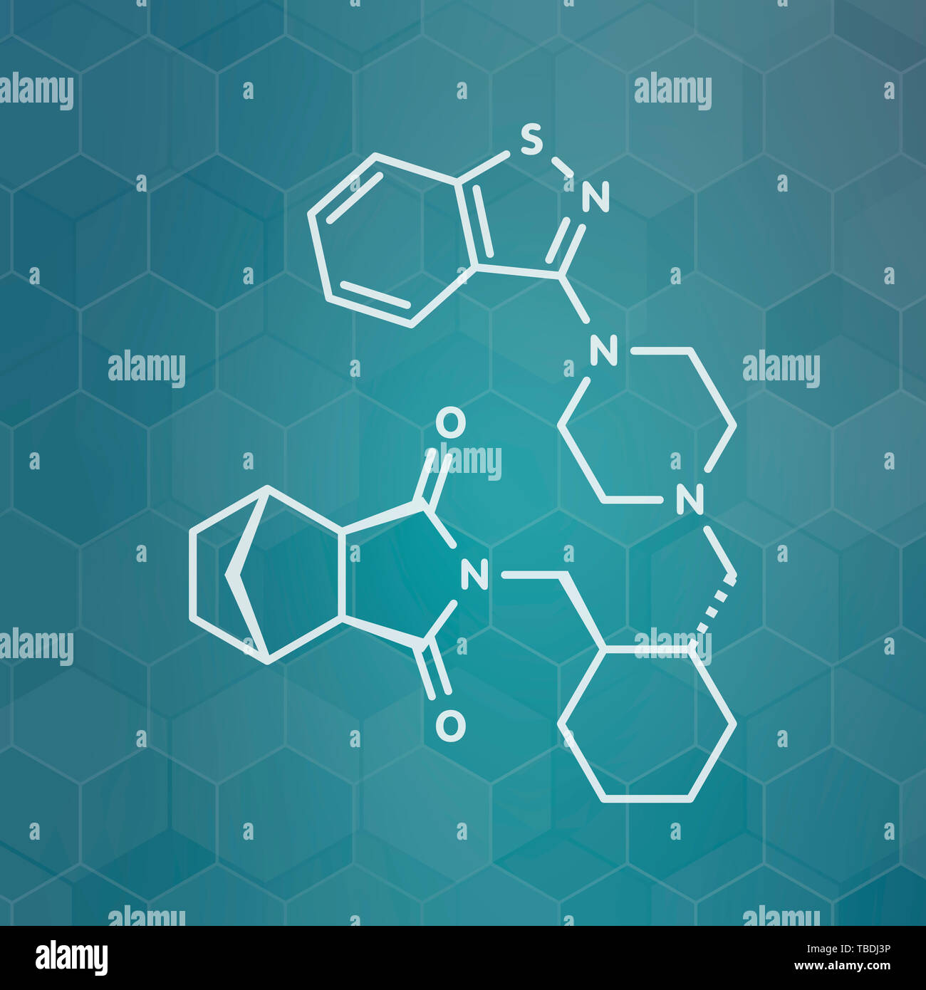Lurasidone atypisches antipsychotisches Rauschgift Molekül. Weiß Skelett Formel auf dunklen blaugrün Verlaufshintergrund mit hexagonalen Muster. Stockfoto