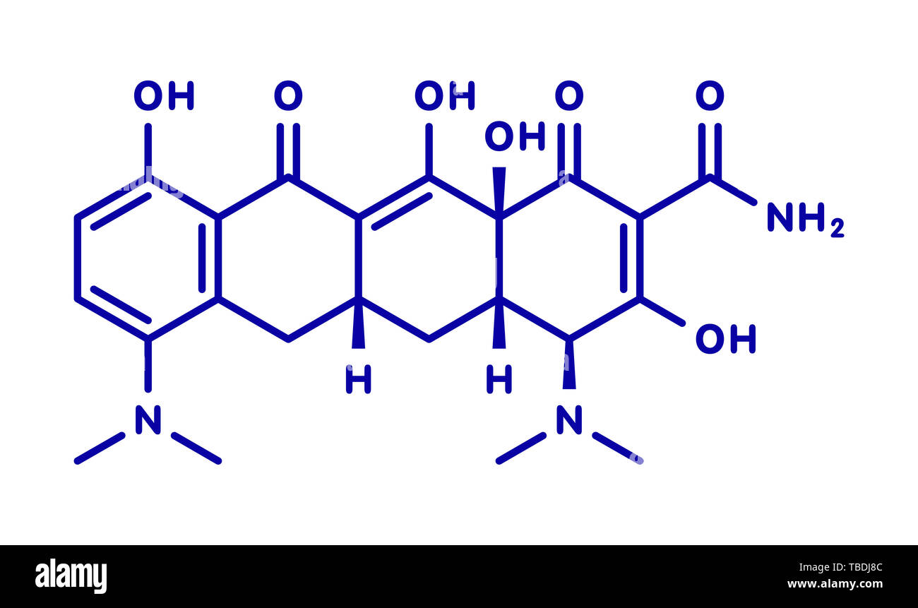 Minocyclin Antibiotikum Medikament (Tetracyclin Klasse) Molekül. Blau  Skelett Formel auf weißem Hintergrund Stockfotografie - Alamy