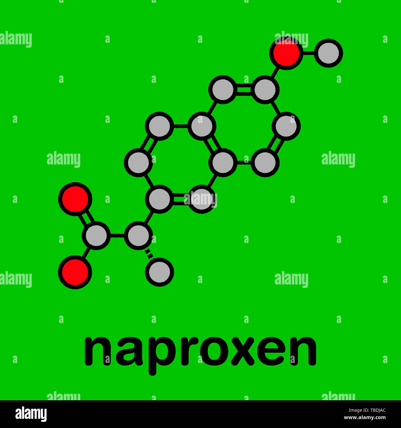 Naproxen Schmerz und Entzündung (NSAID) Molekül. Stilisierte Skelett Formel (die chemische Struktur). Atome sind als farbkodierte Kreise mit dicken schwarzen gezeigt Umrisse und Anleihen: Wasserstoff (versteckt), Kohlenstoff (grau), Sauerstoff (rot) Stockfoto