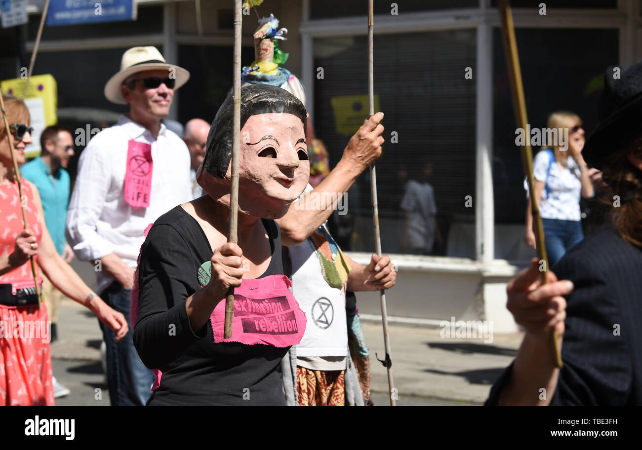 Brighton UK vom 1. Juni 2019 - Mitglieder der Umweltorganisation Aussterben Rebellion in den Kemptown Karnevalsumzug in Brighton an einem schönen sonnigen Tag mit Temperaturen erwartet In den 20er Jahren in einigen Teilen der Süd-ost zu erreichen. Tausende werden erwartet, der jährliche Karneval in der Stadt nach einem Abstand von zwei Jahren, mit Live-Musik, Ständen und Aktivitäten, die den ganzen Tag über bis zehn am Abend zu besuchen. Foto: Simon Dack/Alamy leben Nachrichten Stockfoto