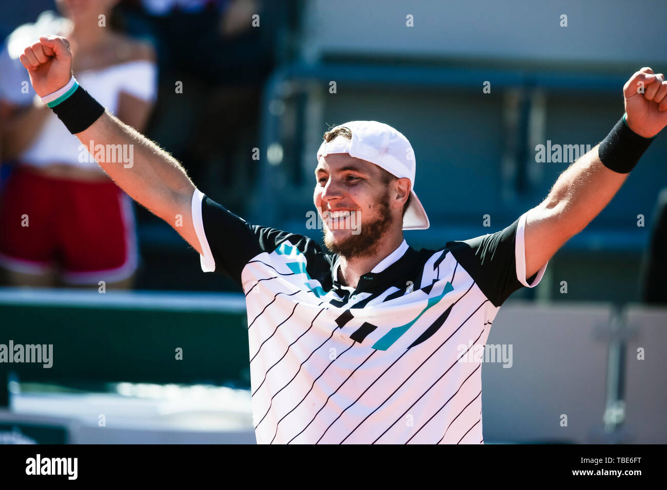 01. Juni 2019, Frankreich (France), Paris: Tennis: Grand Slam/ATP-Tour, French Open, singles, Männer, 3. Runde, Struff (Deutschland) - coric (Kroatien): Jan-Lennart Struff aus Deutschland Jubel nach dem Gewinn des Spiels. Foto: Frank Molter/dpa Stockfoto