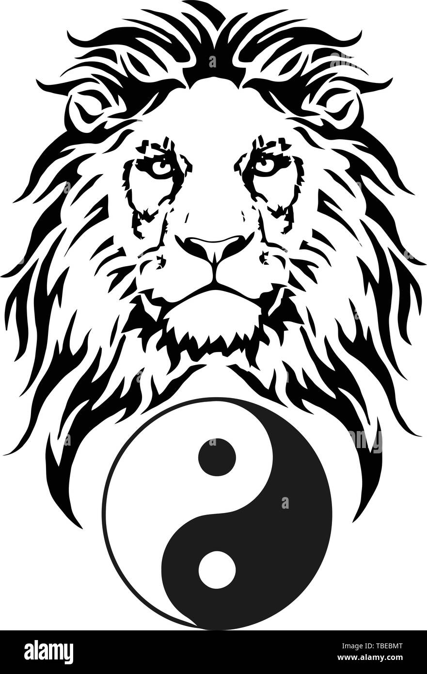Der Löwe und das Symbol der Dao-Yin und Yang, Zeichnung für Tattoo, auf einem weißen Hintergrund, Vektor Stock Vektor